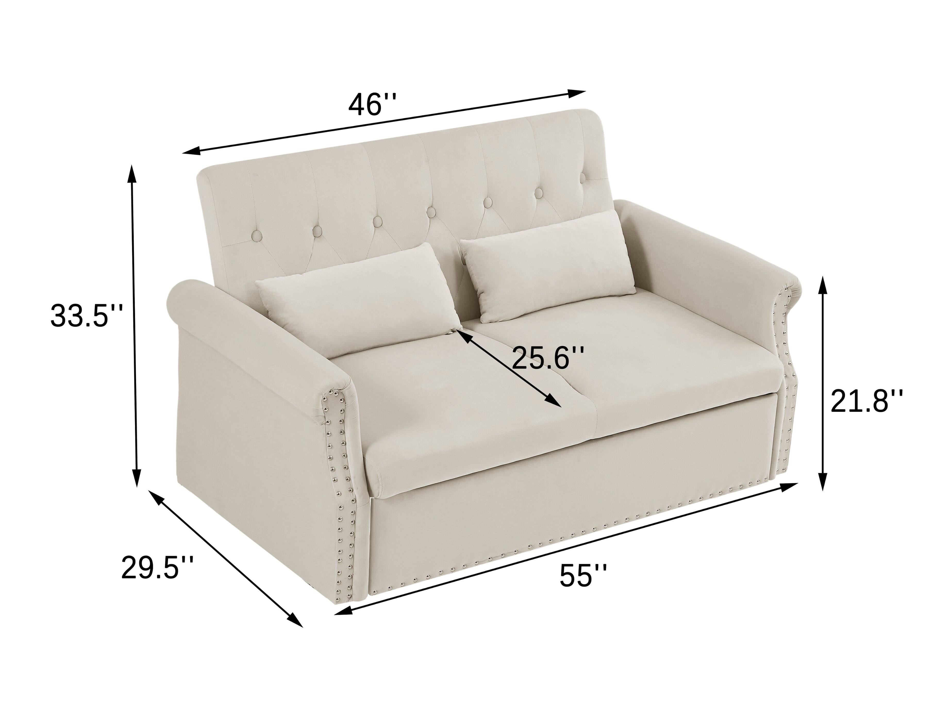 The dimensions of the sofa are:

- Width: 55"
- Depth: 33.5"
- Height: 46"
- Seat Height: 21.8"
- Seat Depth: 25.6"