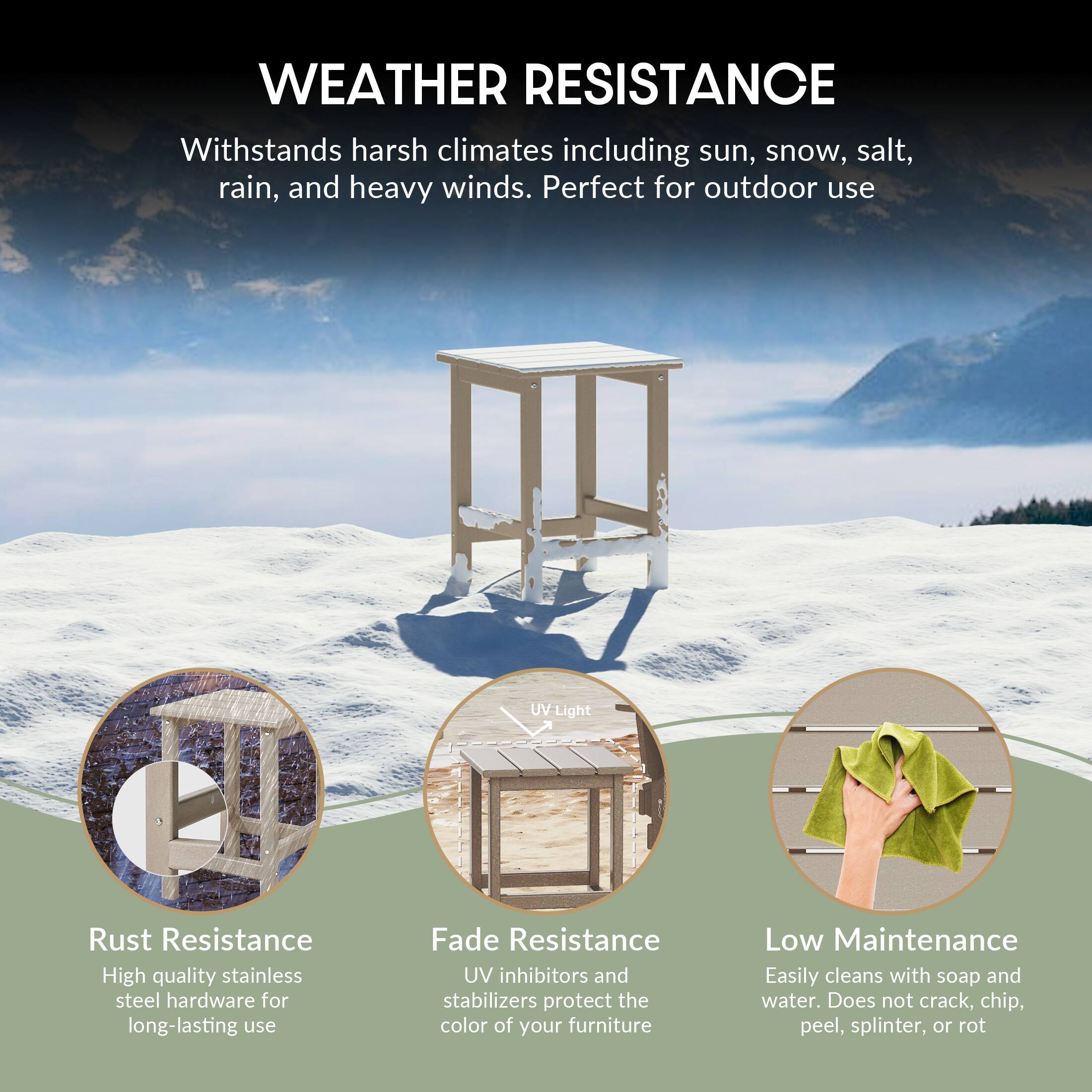 WEATHER RESISTANCE  
Withstands harsh climates including sun, snow, salt, rain, and heavy winds. Perfect for outdoor use.

Rust Resistance  
High quality stainless steel hardware for long-lasting use.

Fade Resistance  
UV inhibitors and stabilizers protect the color of your furniture.

Low Maintenance  
Easily cleans with soap and water. Does not crack, chip, peel, splinter, or rot.