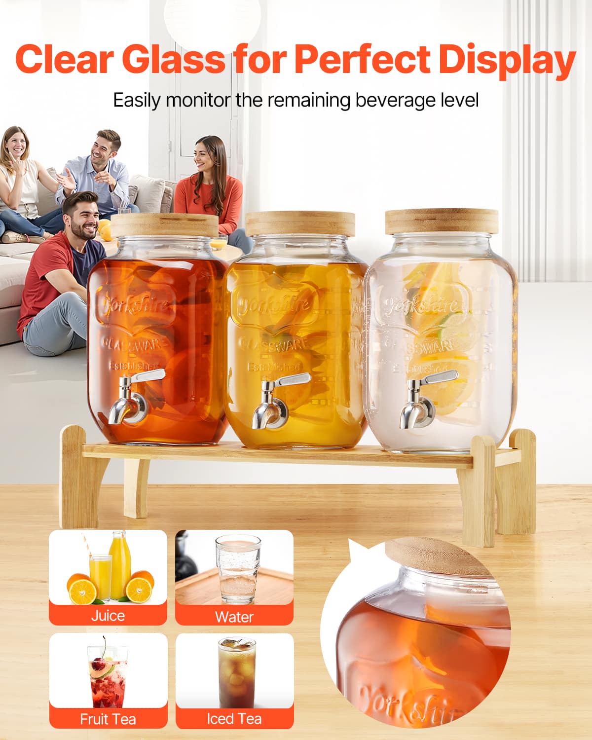 VEVOR - Beverage Dispenser, 3 Pack 1 Gallon Drink Dispensers for Parties, Glass Juice Dispenser with Wood Stand - Transparent - Thumbnail 5