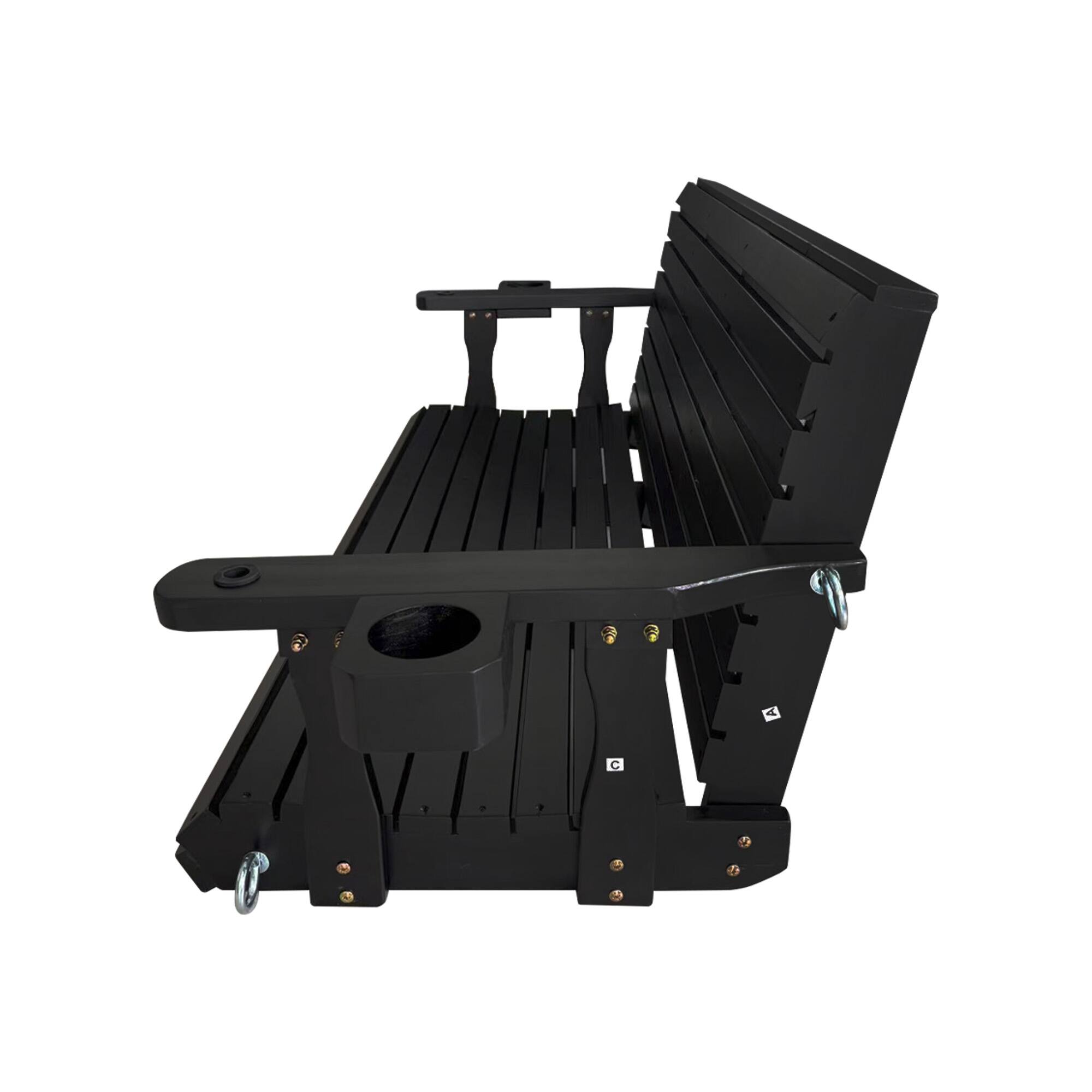 Alt View 4. Fortune Candy - Wooden 5FT Porch Swing w/Cupholders , High Back & Deep Seat, Heavy Duty 880lbs for Garden, 3-Seater - Black.