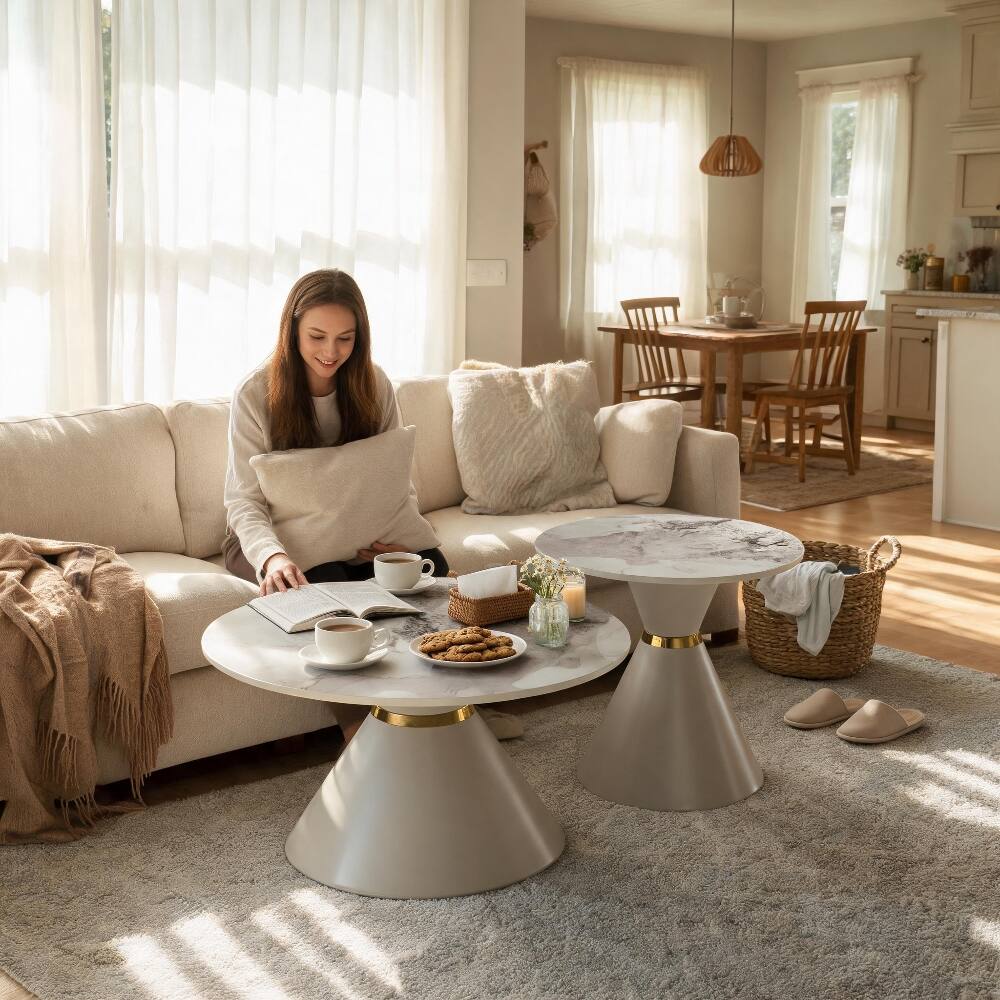 Alt View 3. Loheer - Loheer Round Nesting Coffee Table Set of 2 Sintered Stone Top Khaki Pedestal Base - Khaki.