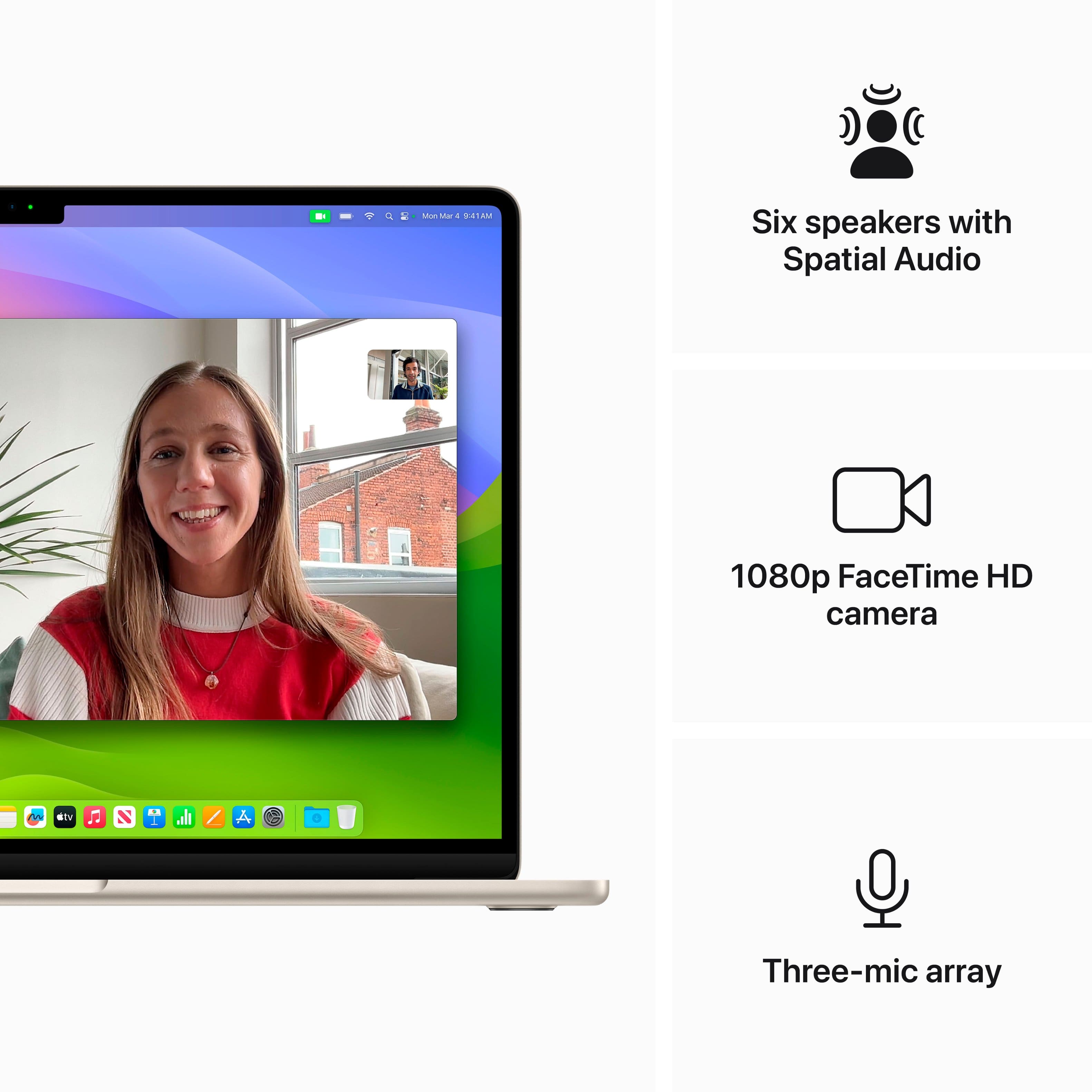 The text on the image is grouped and corrected as follows:
* Six speakers with Spatial Audio
* 1080p FaceTime HD camera
* Three-mic array