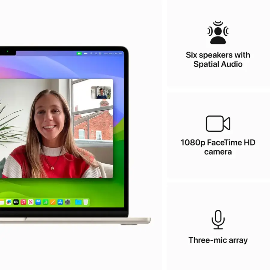 The text on the image is grouped and corrected as follows:

* Six speakers with Spatial Audio
* 1080p FaceTime HD camera
* Three-mic array