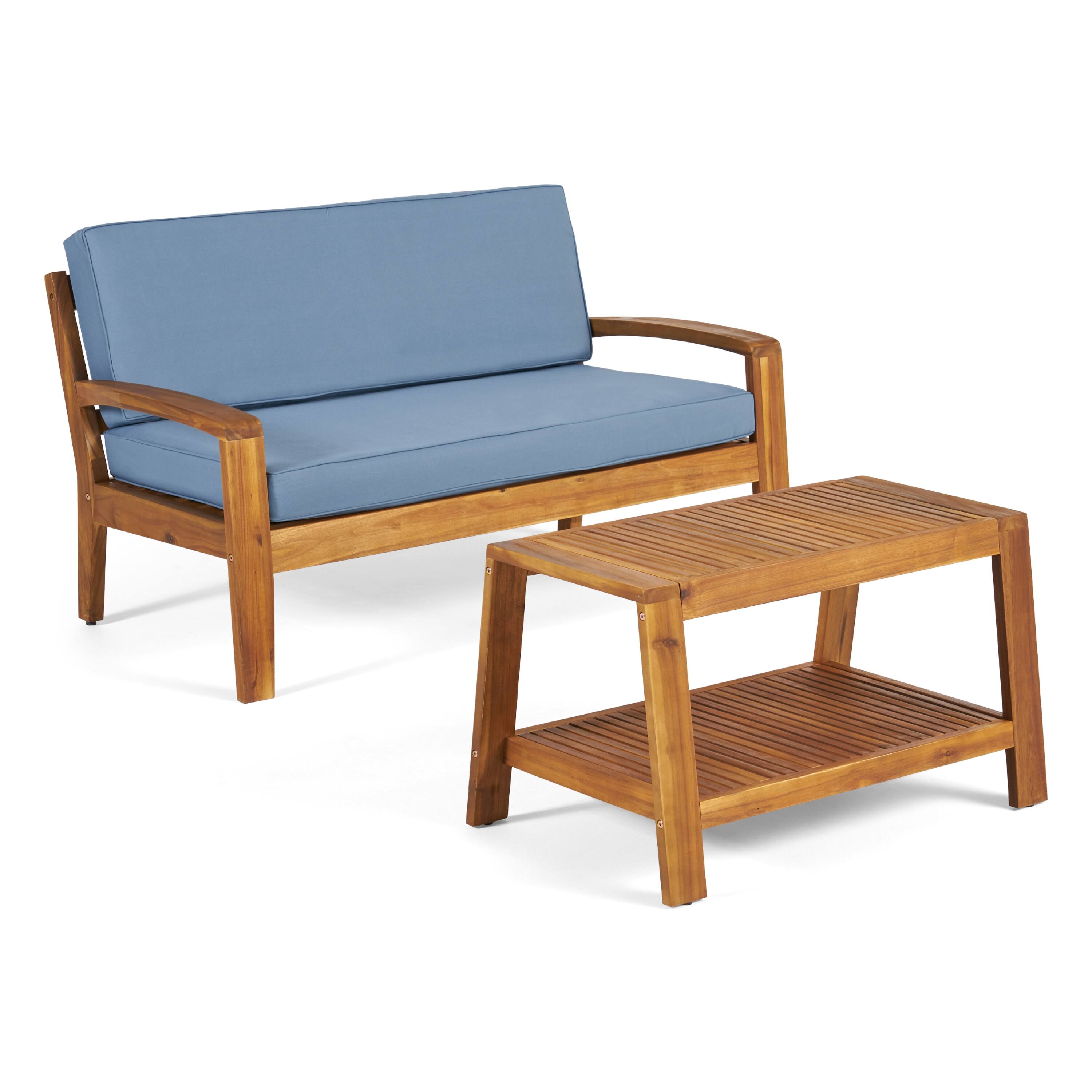 Left. Whisen - 2-Piece Outdoor Acacia Wood Conversation Set - Loveseat & Coffee Table with Water-Resistant Cushions - Blue|Teak.