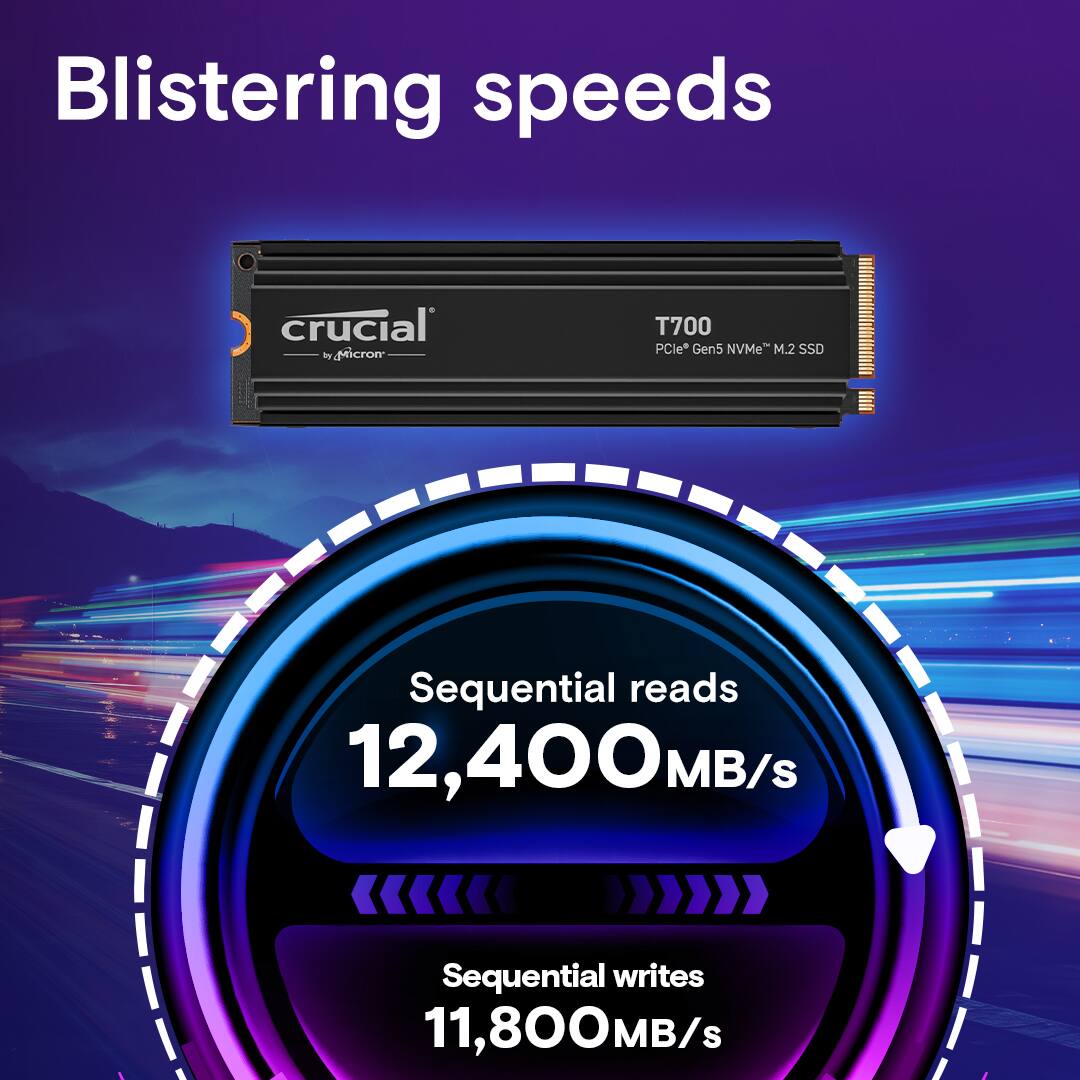 Blistering speeds are crucial for Micron T700 PCle* Gen5 NVMe M.2 SSD. It offers sequential reads of 12,400MB/s and sequential writes of 11,800MB/s.