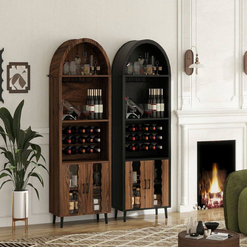 Alt View 9. Kadyn - 71-Inch Arched Wine Bar Storage Cabinet with Display Rack - Brown Oak - Brown.