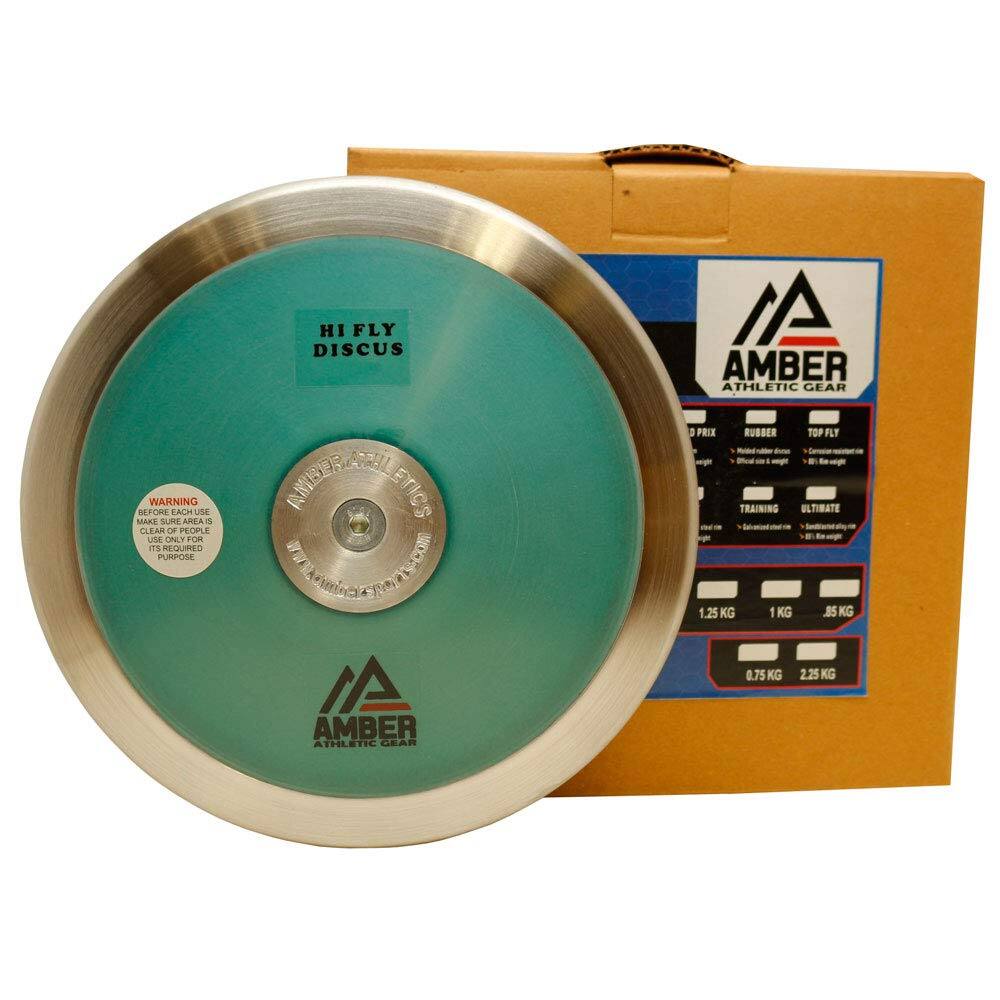 HI FLY DISCUS  
AMBER ATHLETIC GEAR  

WARNING: MAKE SURE AREA IS CLEAR. USE ONLY FOR ITS PURPOSE.  

AMBER ATHLETIC GEAR  

1.25 KG  
1 KG  
0.75 KG  
2.25 KG