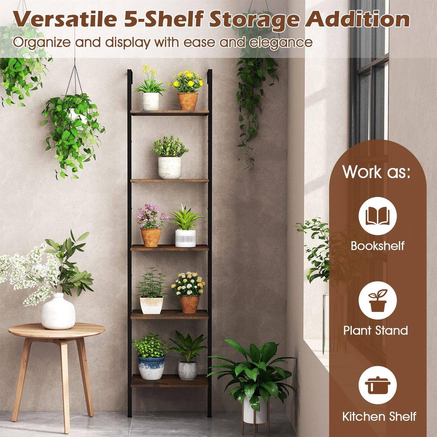 Versatile 5-Shelf Storage Addition  
Organize and display with ease and elegance  

Work as:  
- Bookshelf  
- Plant Stand  
- Kitchen Shelf