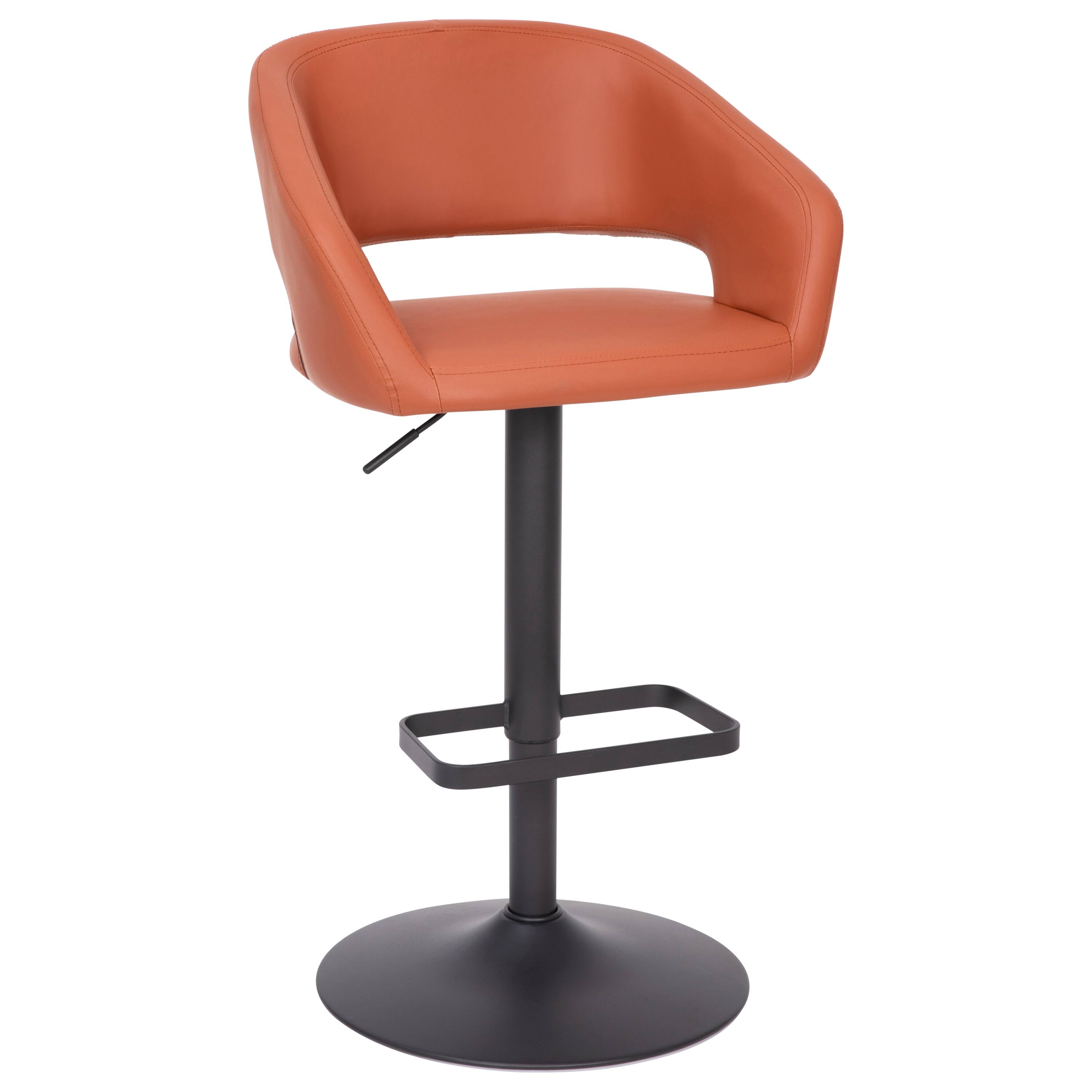 Alt View 1. Emma + Oliver - Shae Contemporary Upholstered Adjustable Height Barstool with Rounded, Cutout Mid-Back and Pedestal Base - Cognac Vinyl/Black Frame.