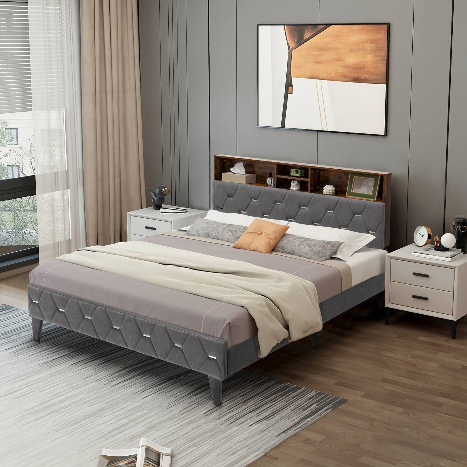 Alt View 1. Sugift - Full Size Upholstered Bed Frame with Storage Headboard-Full Size - Grey.
