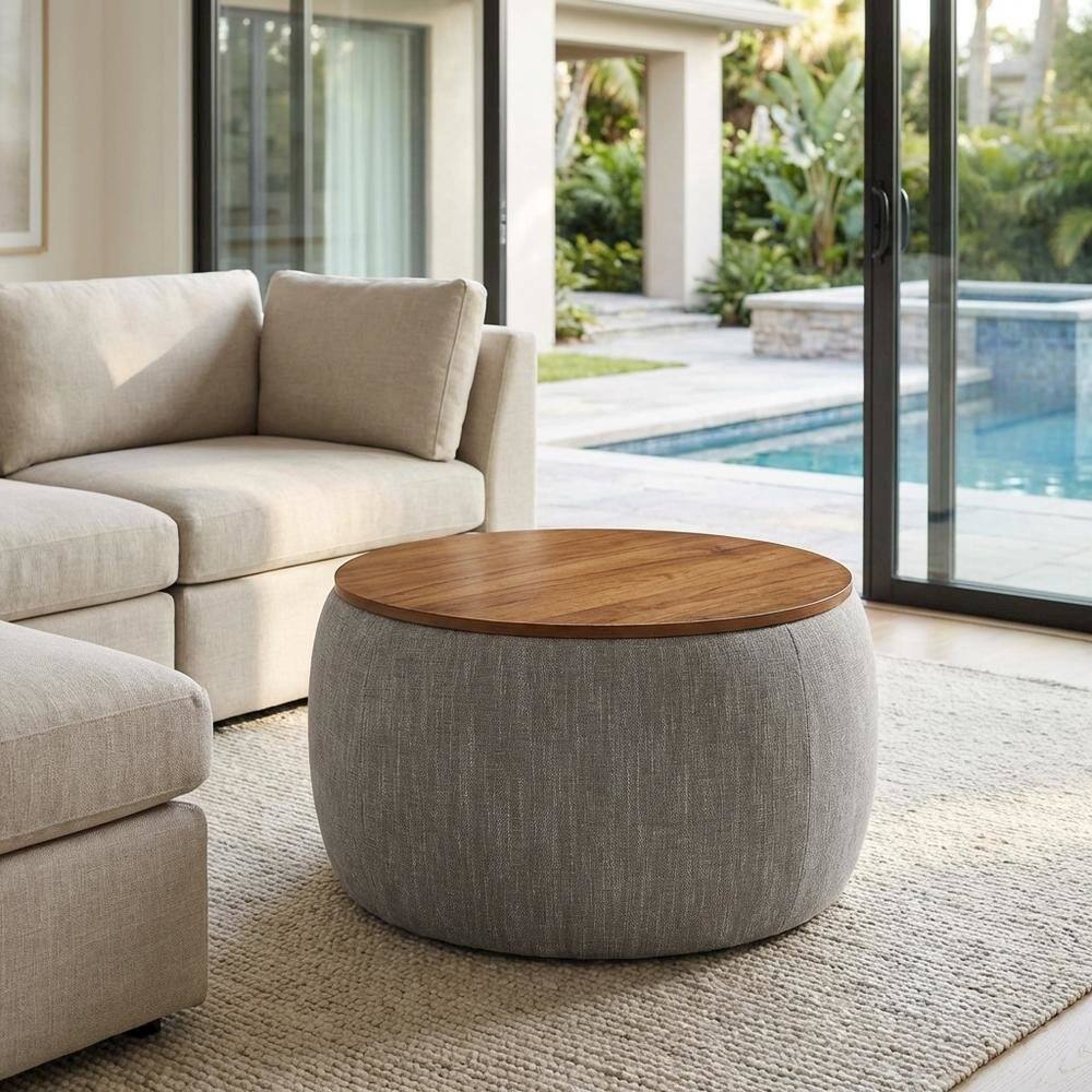 Left. Outdoor Escape - Woven Heathered Fabric Upholstered Storage Ottoman, Soft Cushion Seat, Durable - Brown.