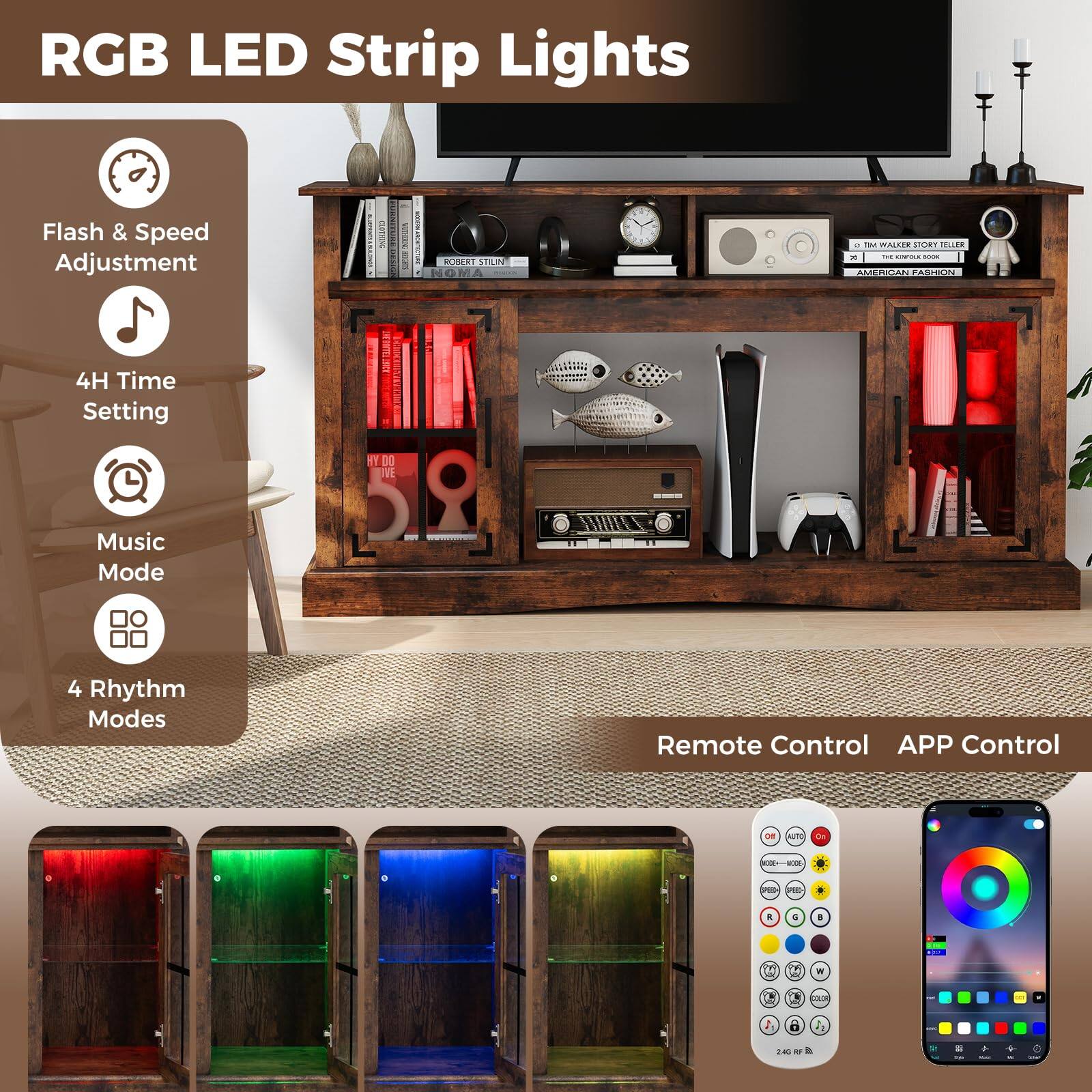 RGB LED Strip Lights

- Flash & Speed Adjustment
- 4H Time Setting
- Music Mode
- 4 Rhythm Modes

Remote Control APP Control