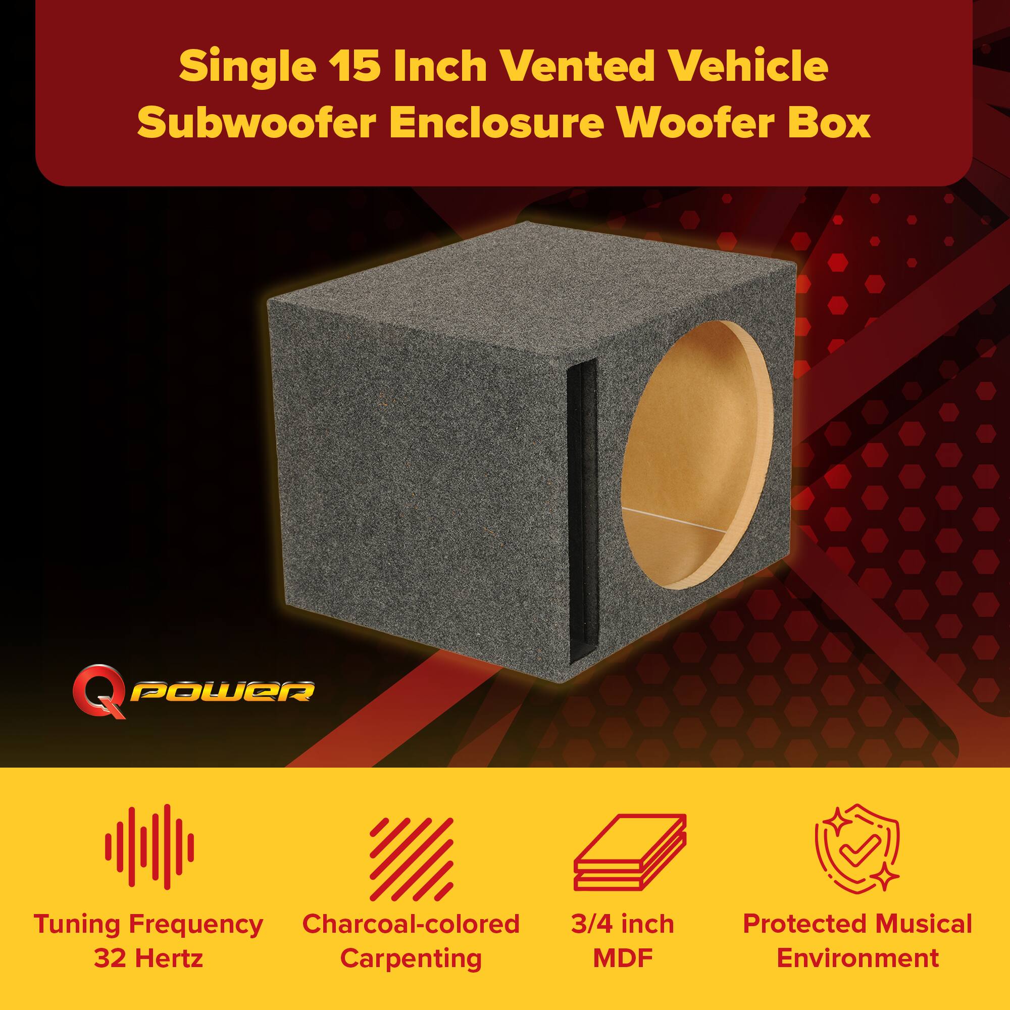 Single 15 Inch Vented Vehicle Subwoofer Enclosure Woofer Box

- Tuning Frequency: 32 Hertz
- Charcoal-colored Carpenting
- 3/4 inch MDF
- Protected Musical Environment