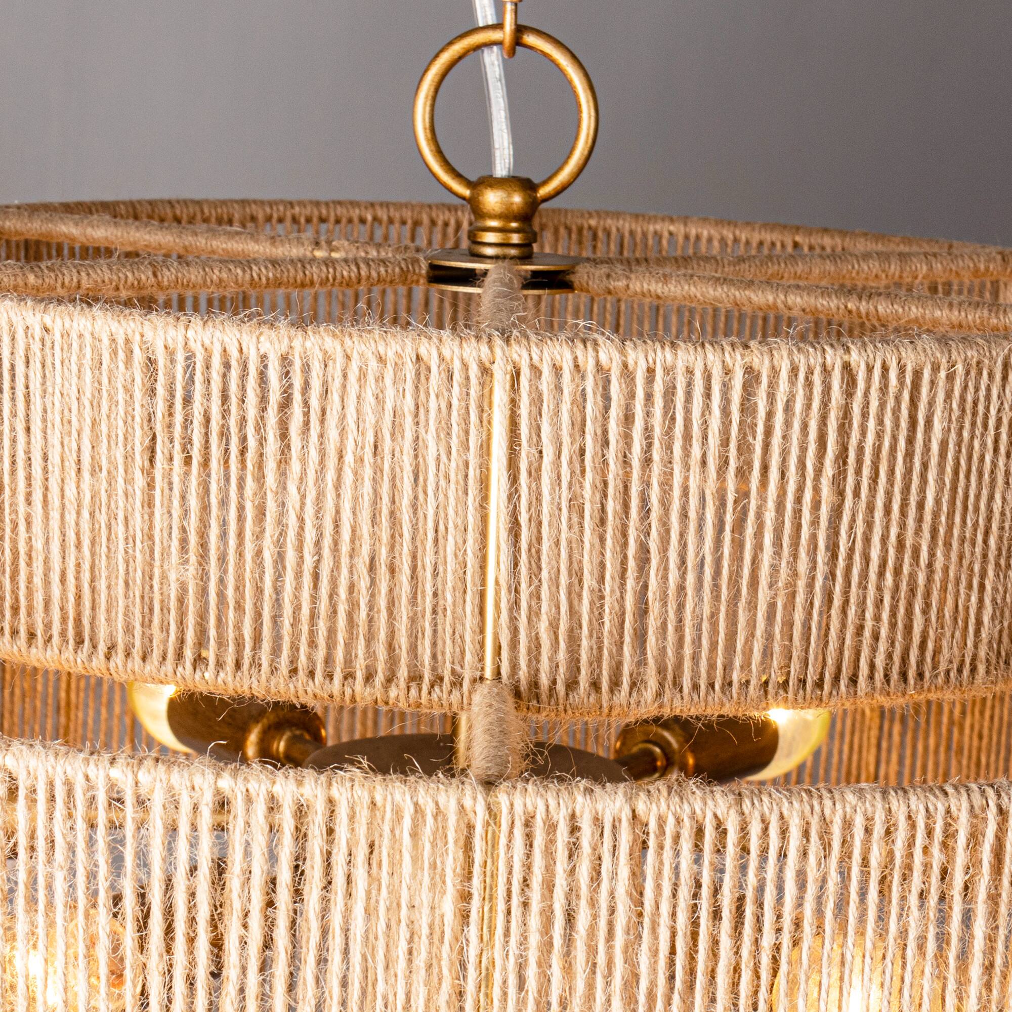 Alt View 4. Parrot Uncle - Bohemian Antique Gold 6-Light Drum Chandeliers  with Natural Rope Shade - Bronze.