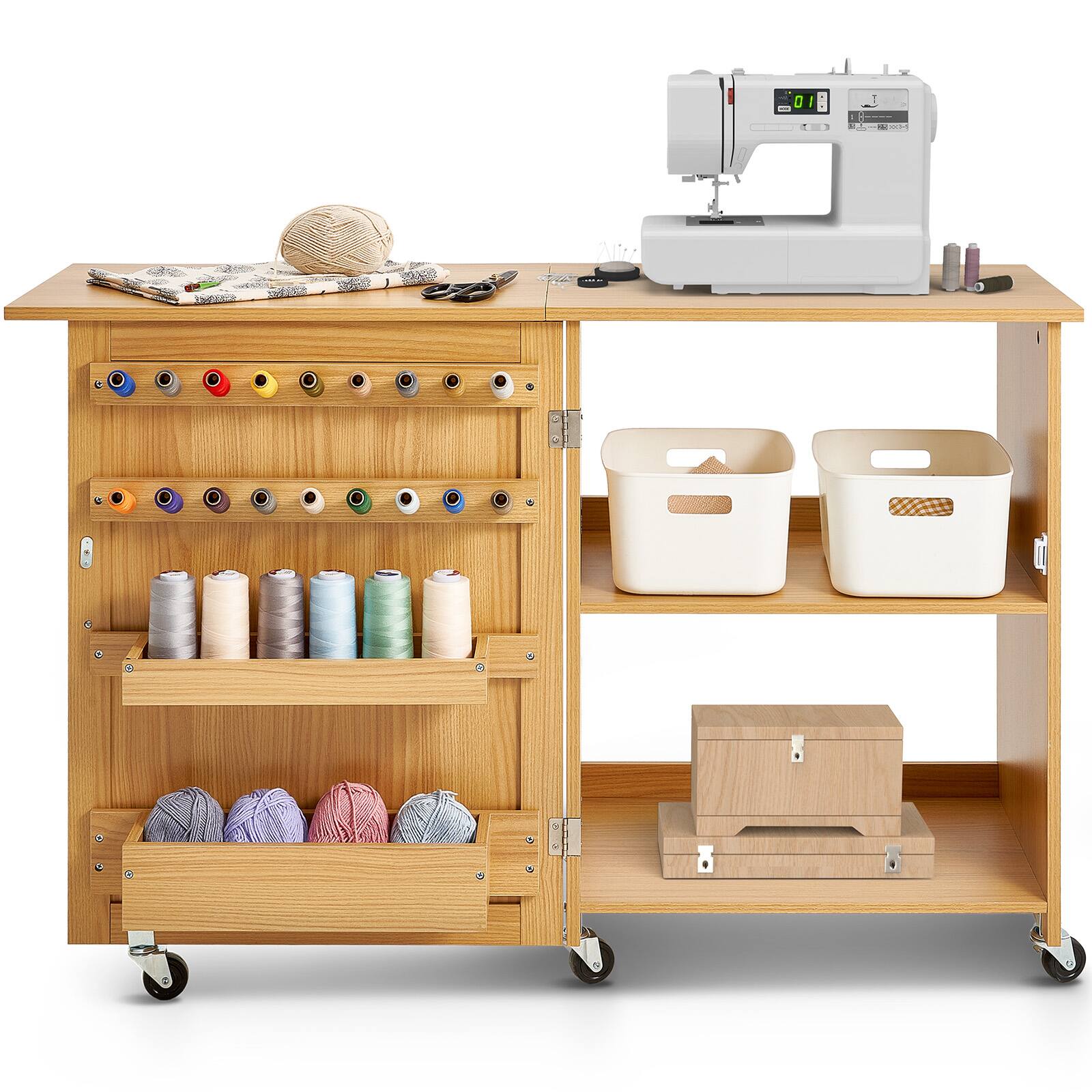 Alt View 5. VEVOR - Folding Sewing Table, Multipurpose Sewing Machine Table with Compact Design, Wheels, Shelves, Storage Trays, Wooden Pegs - Wood.