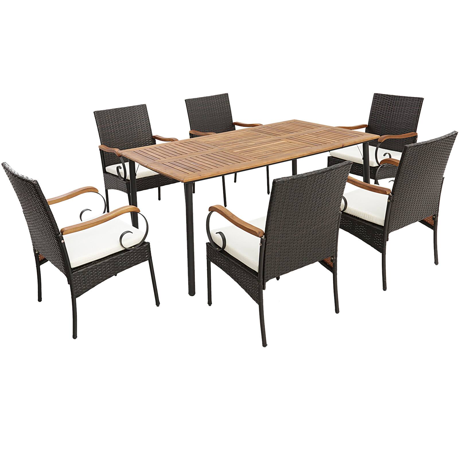 Alt View 8. Gymax - Gymax 7PCS Wicker Dining Set Cushion Acacia Wood Armrests Table w/ Umbrella Hole Patio - Black, Brown.