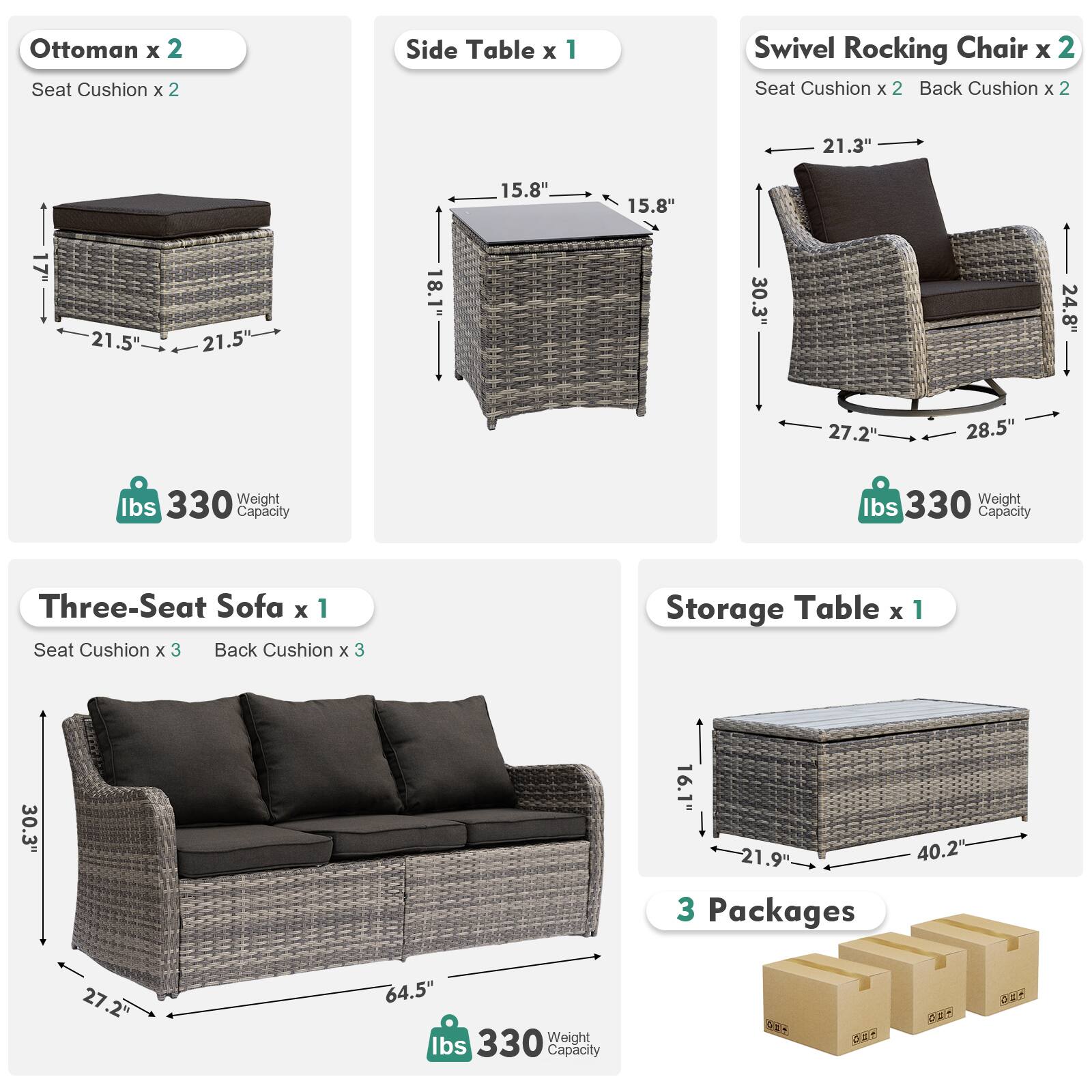 Ottoman x 2  
Seat Cushion x 2  

Side Table x 1  
15.8" x 15.8" x 18.1"  
30.3" x 24.8"  

Swivel Rocking Chair x 2  
Seat Cushion x 2  
Back Cushion x 2  
21.3" x 21.5" x 27.2" x 28.5"  

Three-Seat Sofa x 1  
Seat Cushion x 3  
Back Cushion x 3  
30.3" x 27.2" x 64.5"  

Storage Table x 1  
16.1" x 21.9" x 40.2"  

3 Packages  

Weight Capacity: 330 lbs