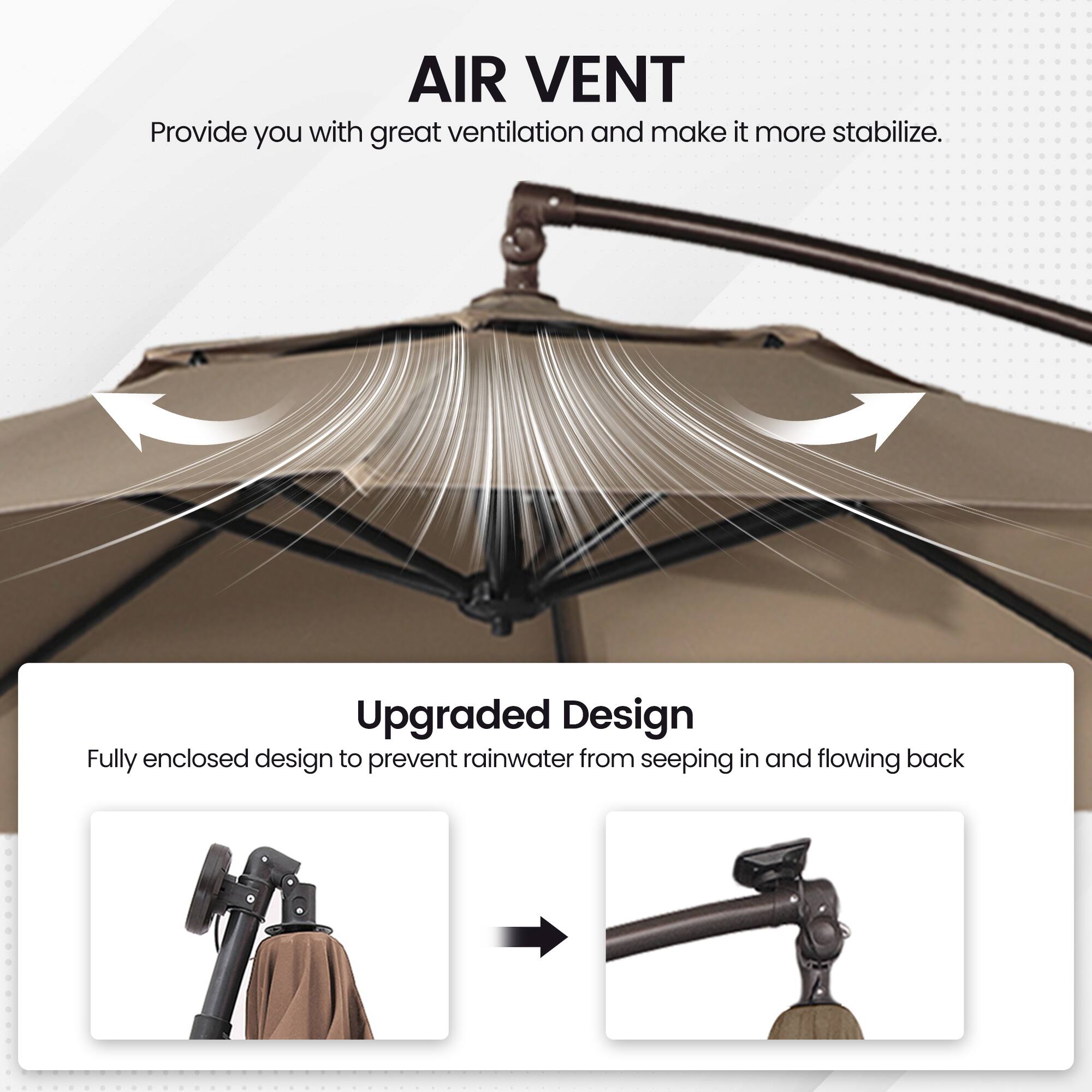 **AIR VENT**  
Provide you with great ventilation and make it more stabilize.

**Upgraded Design**  
Fully enclosed design to prevent rainwater from seeping in and flowing back.