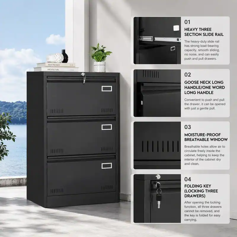 File Cabinate Rack RYHNUYNE 3 Drawer Office Filing Cabinet Lateral File Cabinet Blcak ...