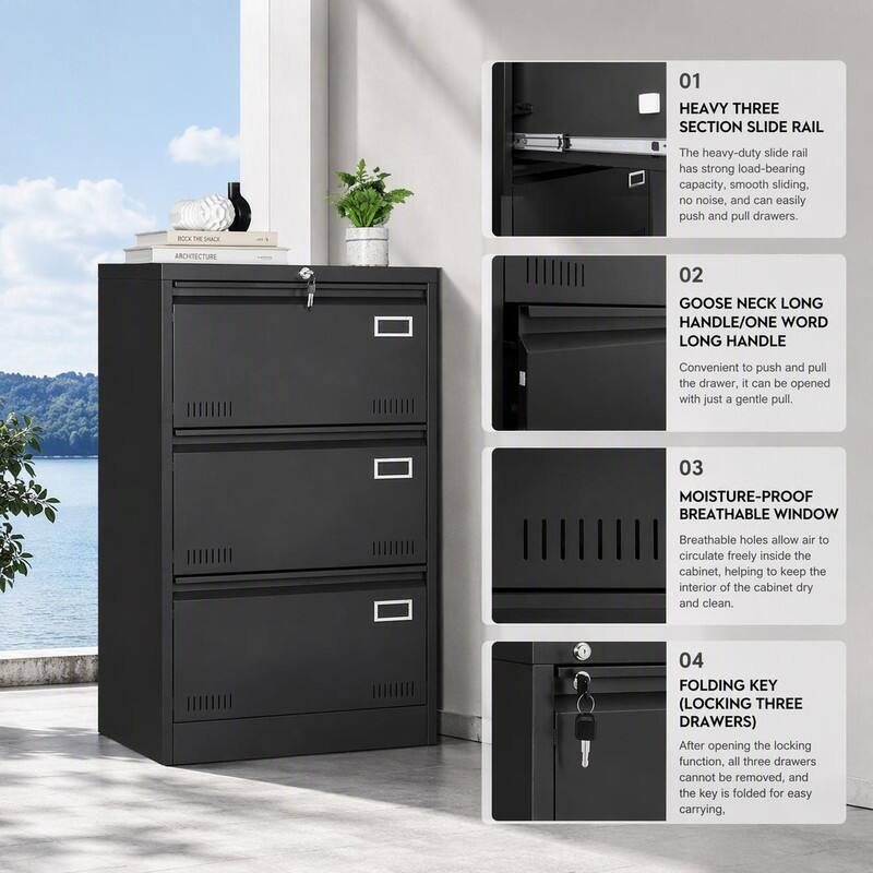 RYHNUYNE 3 Drawer Office Filing Cabinet Lateral File Cabinet Blcak ...