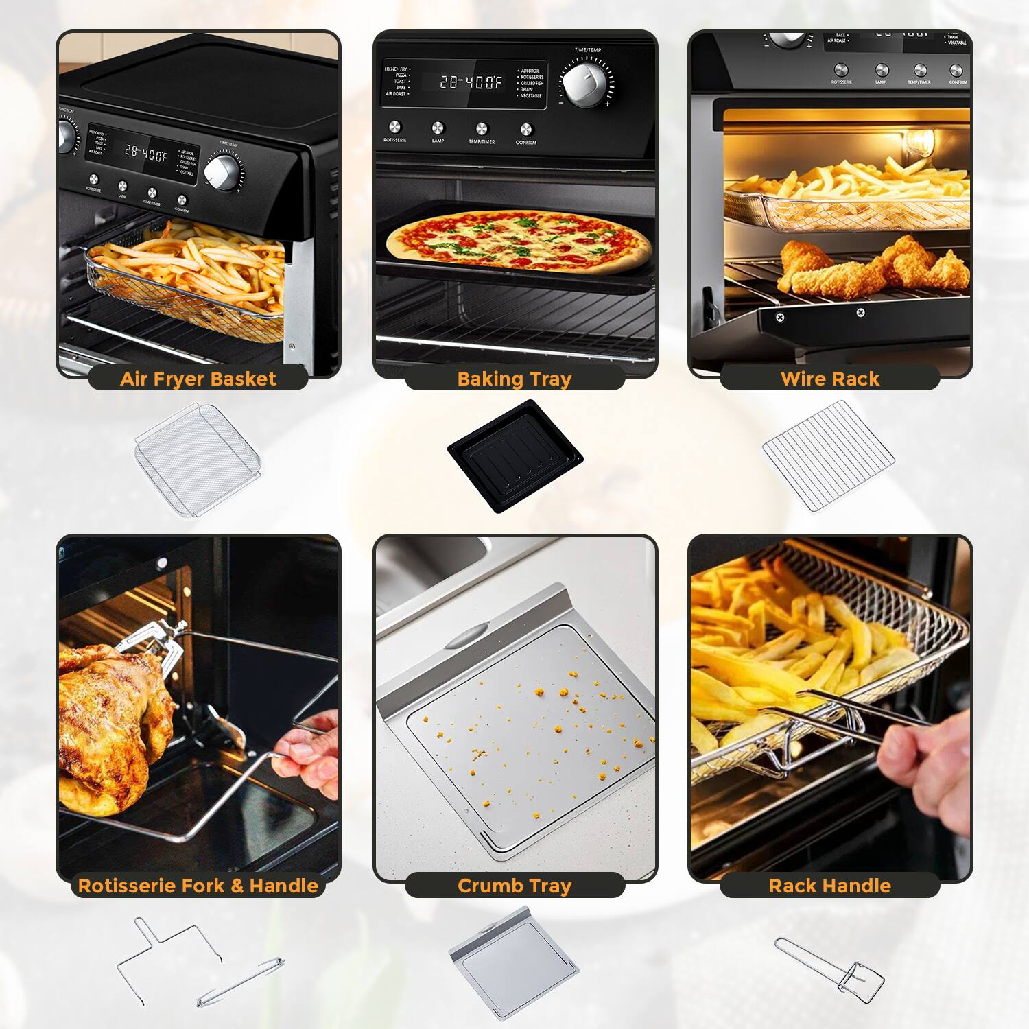 - Air Fryer Basket
- Baking Tray
- Wire Rack
- Rotisserie Fork & Handle
- Crumb Tray
- Rack Handle