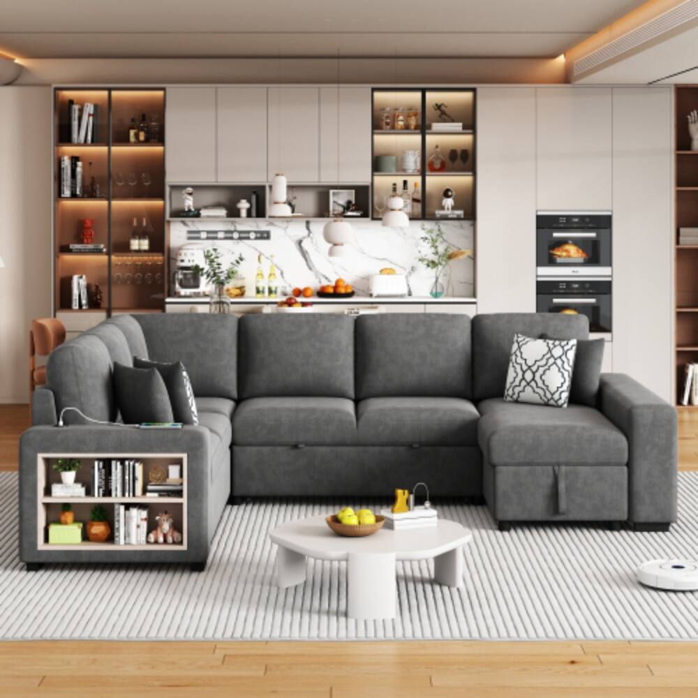 Front. LUCKY ONE - 109" U-Shaped Pull-Out Sectional Sofa Bed w/ USB Ports Storage Chaise 4 Pillows - Grey.
