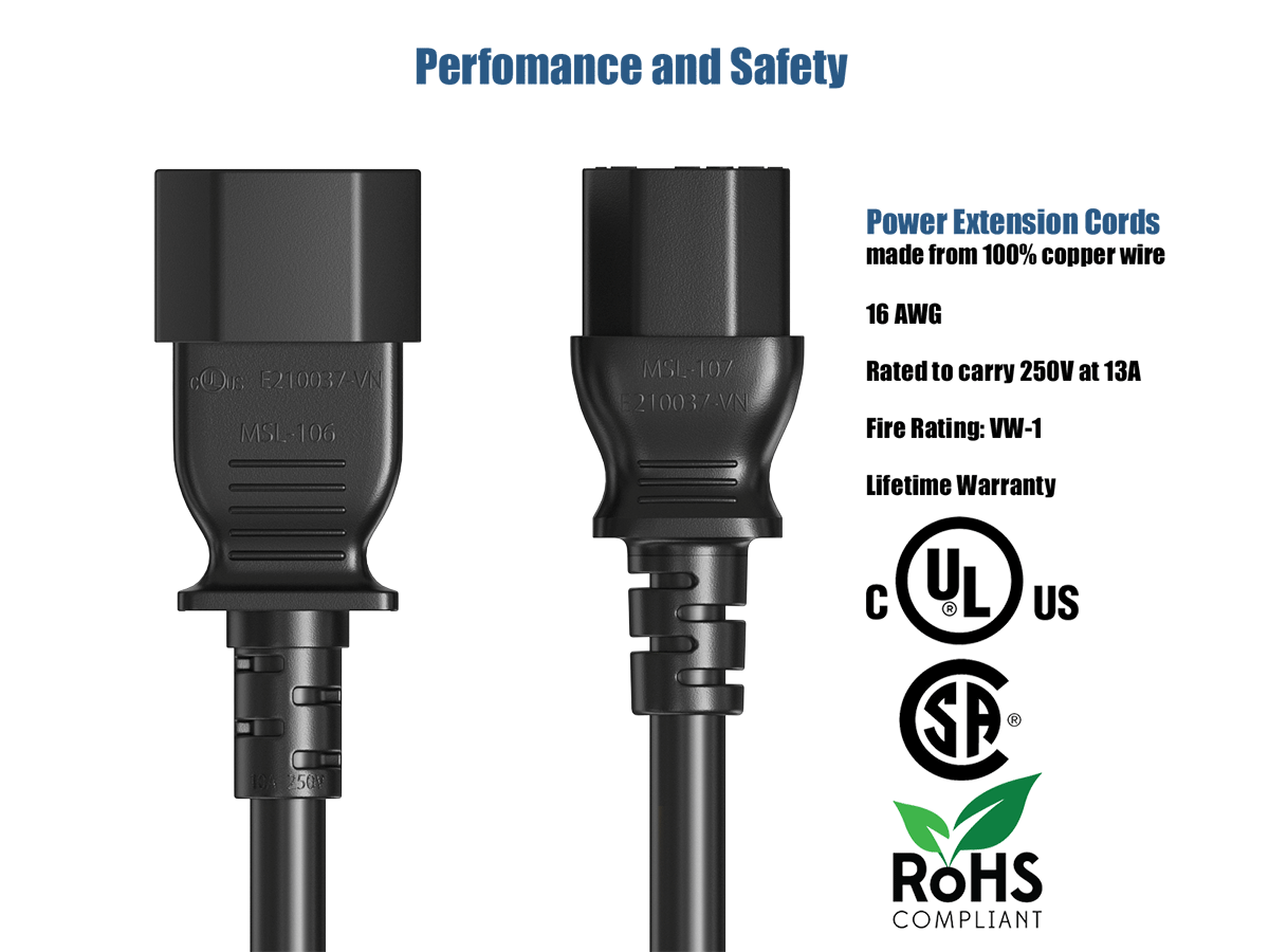 Performance and Safety

cOUS E210037-VN MSL-106 100 250F

Power Extension Cords made from 100% copper wire 16 AWG MSL-107 Rated to carry 250V at 13A. E210037-VN Fire Rating: VW-1 Lifetime Warranty  UL US SP

ROHS COMPLIANT