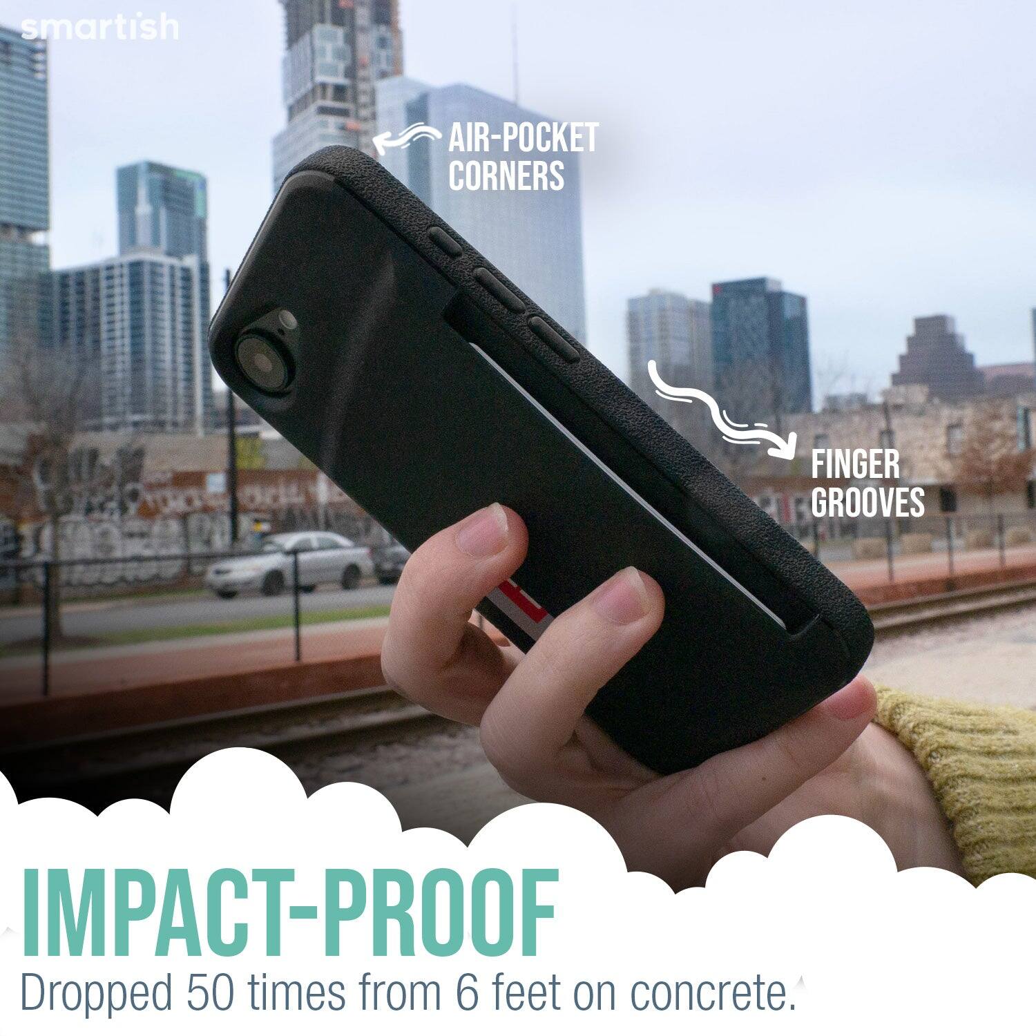 smartish  
AIR-POCKET CORNERS  
FINGER GROOVES  
IMPACT-PROOF  
Dropped 50 times from 6 feet on concrete.