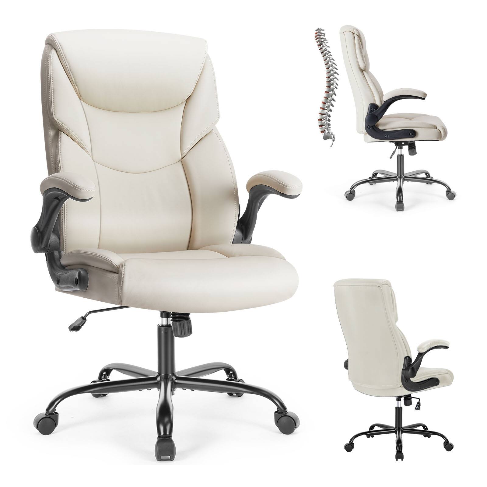 Front. Bestier - Task Chairs PU Leather with Adjustable Fixed Lumbar Support Office Chair in White with Flip-up Armrest Strong Metal Base - White.