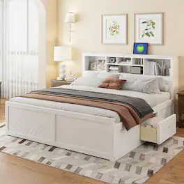 Tiramisubest - King Size Wood Platform Bed with Multi-storage Headboard, USB and Drawers, White - White