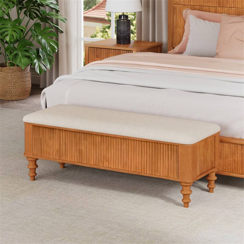 Front. HTUTWOO - 50.8-inch Multi-Functional Storage Ottoman Bench -Rubberwood Bed End Bench with Linen Seat,Shoe Organizer Storage Bench - Natural.