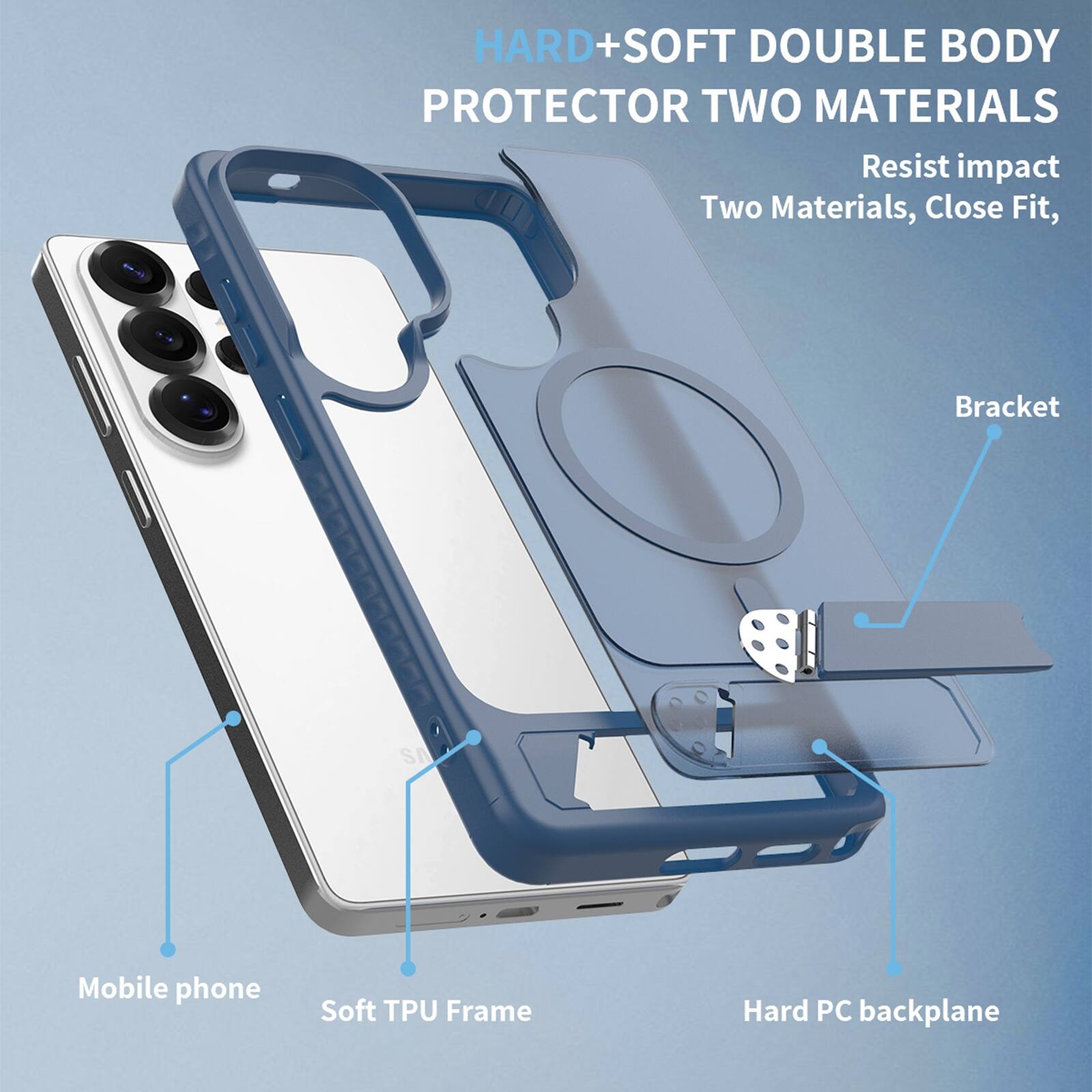 HARD+SOFT DOUBLE BODY PROTECTOR TWO MATERIALS  
Resist impact  
Two Materials, Close Fit,  
Bracket  
Mobile phone  
Soft TPU Frame  
Hard PC backplane