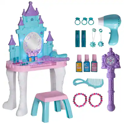 Sure, here is the corrected and grouped text from the image:
**Castle Vanity Set:**
- "Show"
- "Show"
- "Show"
**Hair Accessories:**
- "Show"
- "Show"
- "Show"
**Hair Dryer:**
- "Show"
**Other Accessories:**
- "Show" (on the purple hairbrush)
**Bracelets:**
- "Show" (on the pink and purple bracelets)
**Additional Items:**
- "Show" (on the blue and pink nail polish bottles)
The text "Show" appears on various items, indicating the brand or theme of the set.