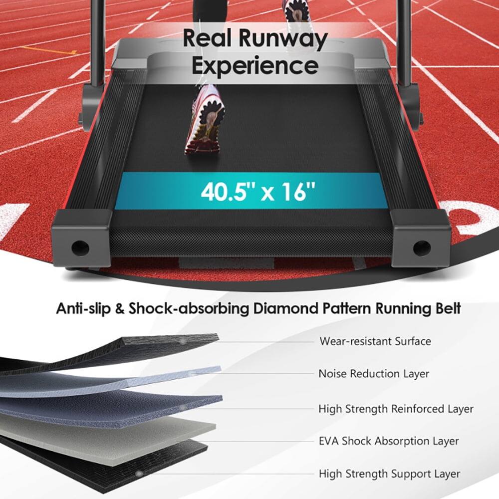 Real Runway Experience  
40.5" X 16"  
Anti-slip & Shock-absorbing Diamond Pattern Running Belt  
Wear-resistant Surface  
Noise Reduction Layer  
High Strength Reinforced Layer  
EVA Shock Absorption Layer  
High Strength Support Layer