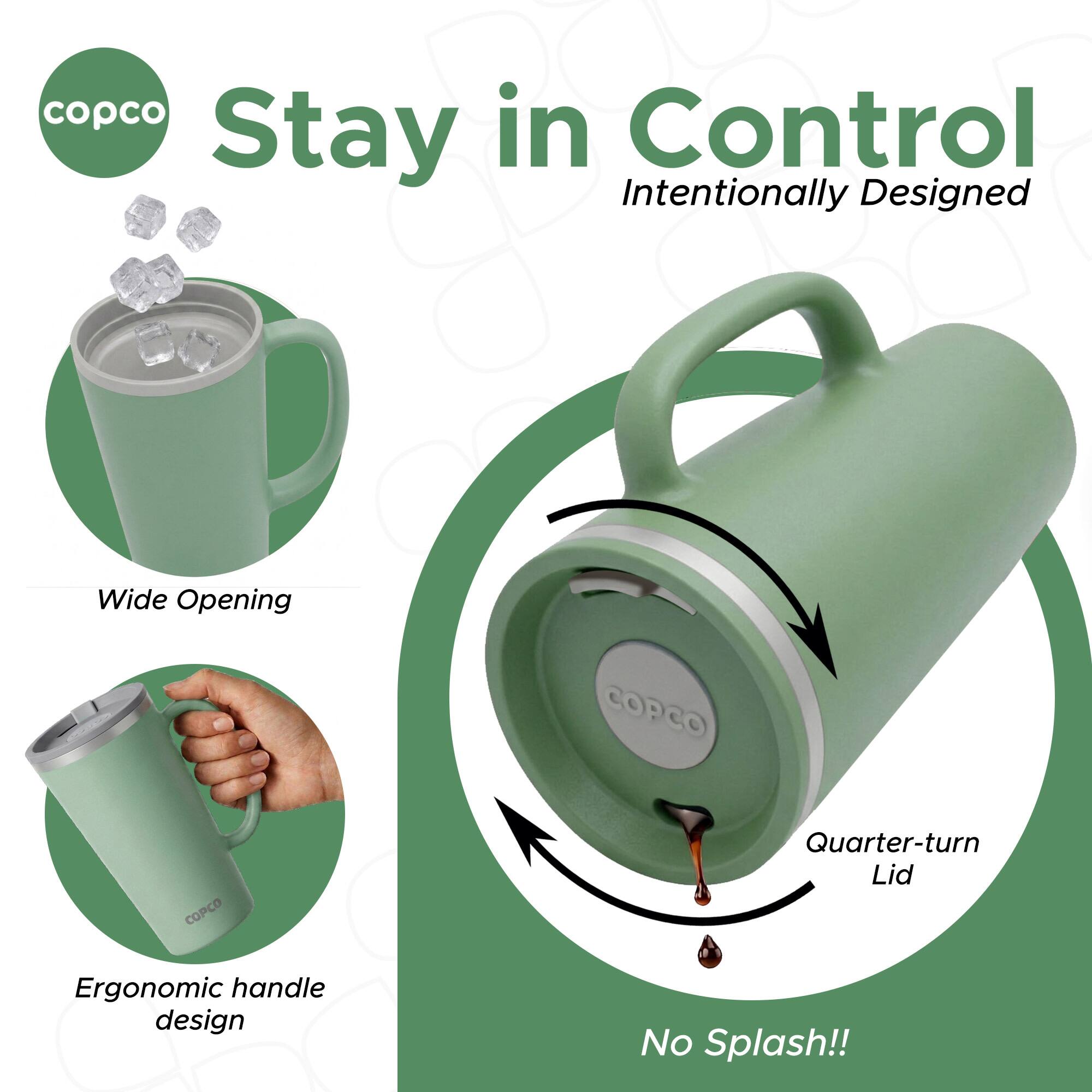 copco in Control Stay Intentionally Designed Wide Opening COPCO Quarter-turn Lid Ergonomic handle design No Splash!!