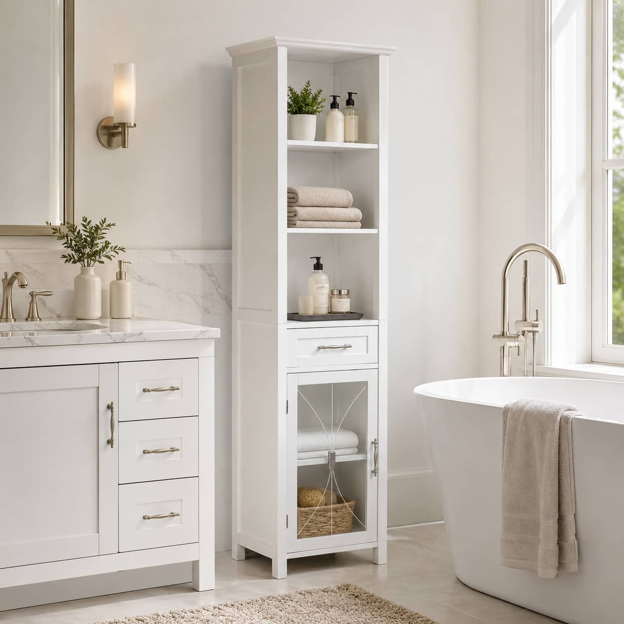 Teamson Home - Delaney Bathroom Linen Tower Cabinet with Glass Door & Drawer - White