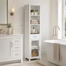 Teamson Home - Delaney Bathroom Linen Tower Cabinet with Glass Door & Drawer - White