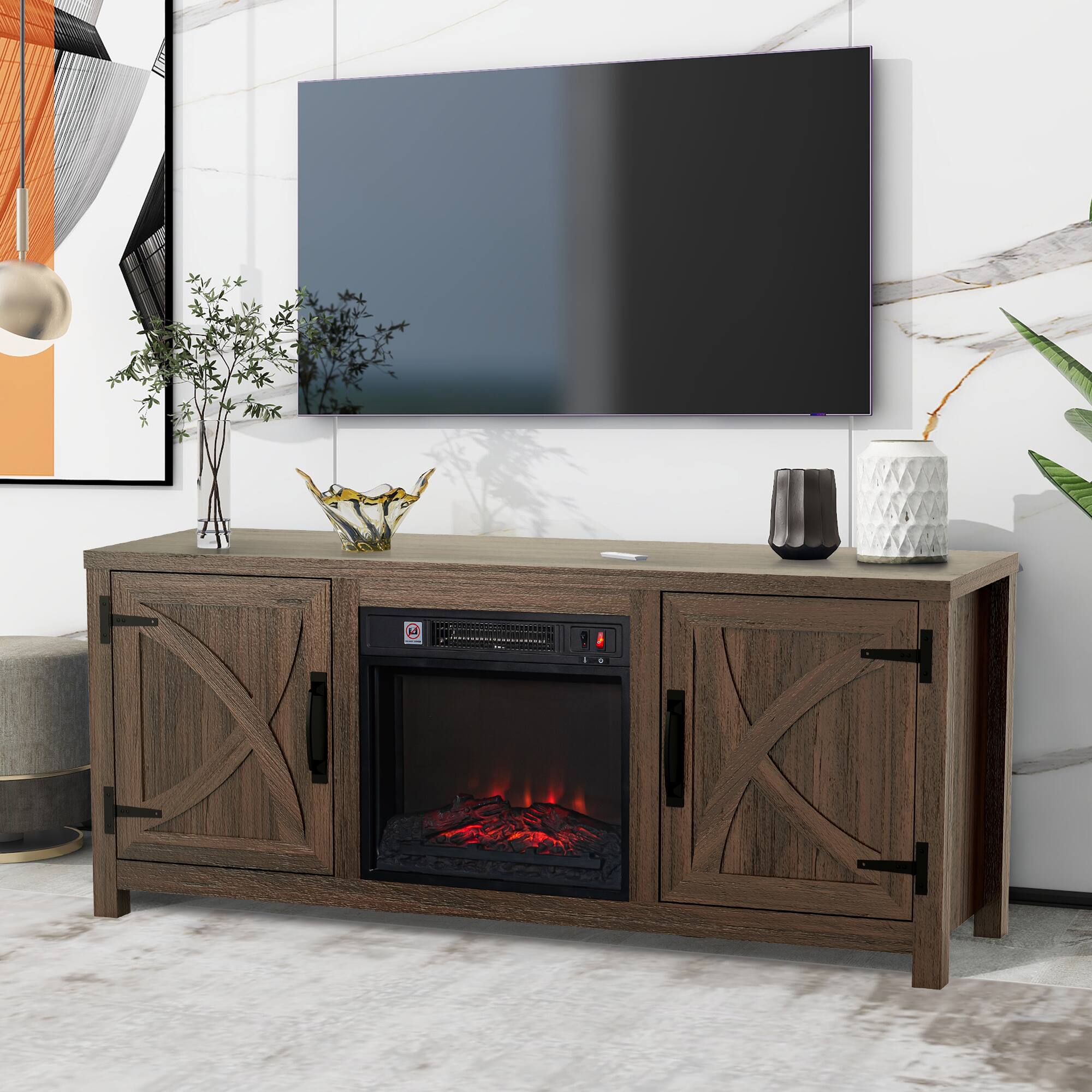 Left. Ihomeadore - 58" Farmhouse TV Stand for TV up to 65" with Electric Fireplace - Brown.