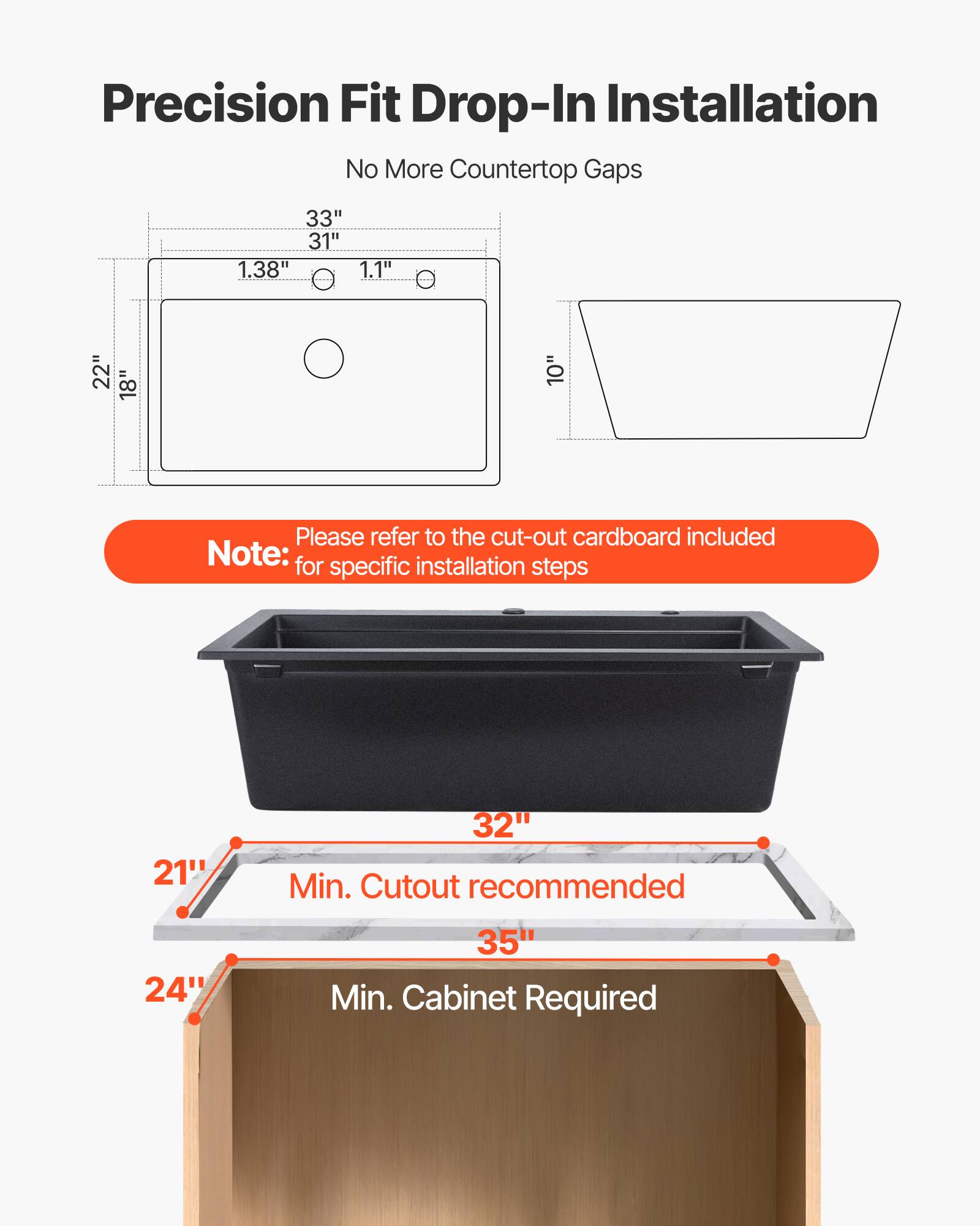 Precision Fit Drop-In Installation  
No More Countertop Gaps  

33"  
31"  
1.38"  
1.1"  
22"  
18"  
10"  

Please refer to the cut-out cardboard included for specific installation steps  

Note:  
21" Min. Cutout recommended  
32"  
35" Min. Cabinet Required  

24"