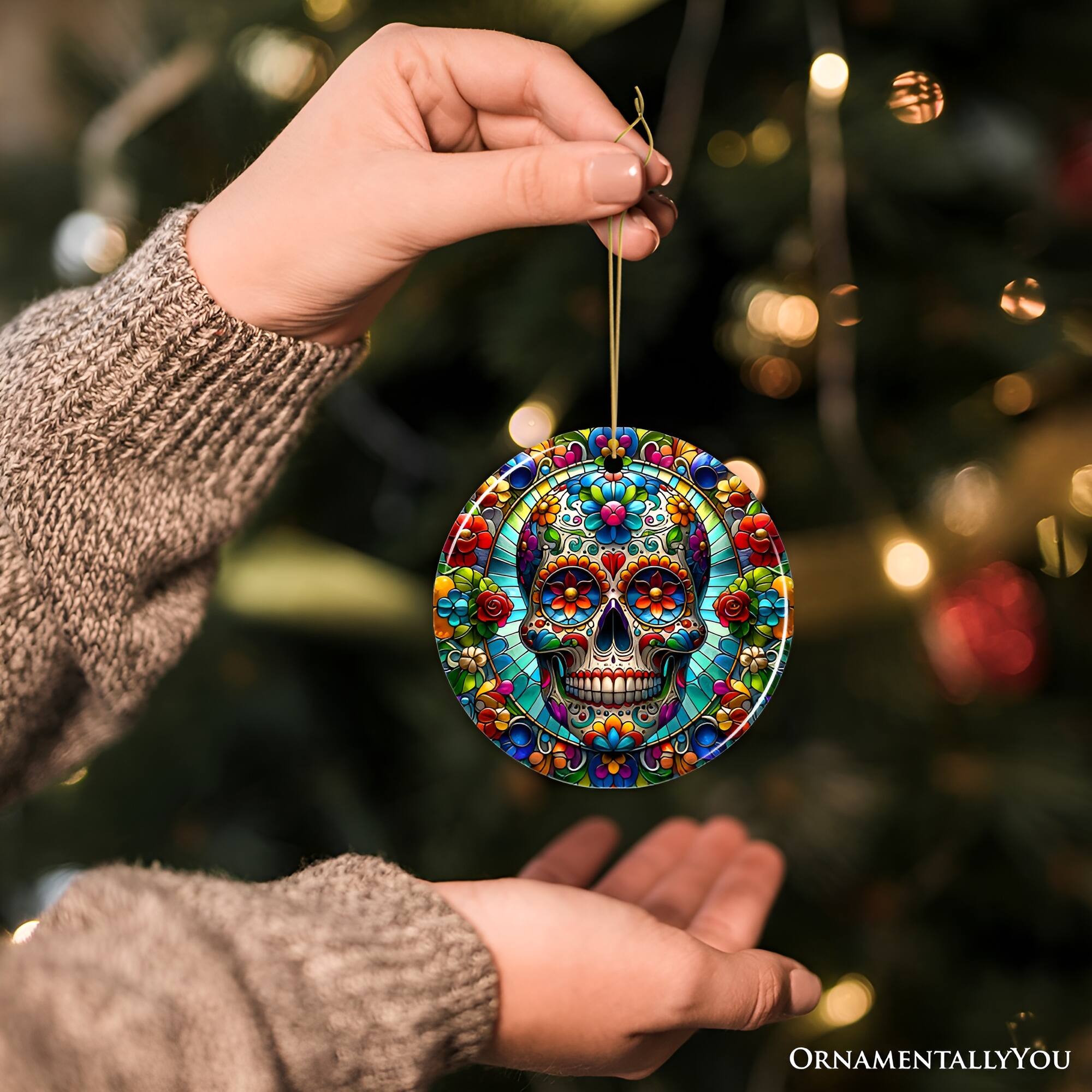 Alt View 1. OrnamentallyYou - Sugar Skull Stained Glass Themed Ceramic Ornament Day of the Dead Mexican Christmas Gift - Multi-colored.