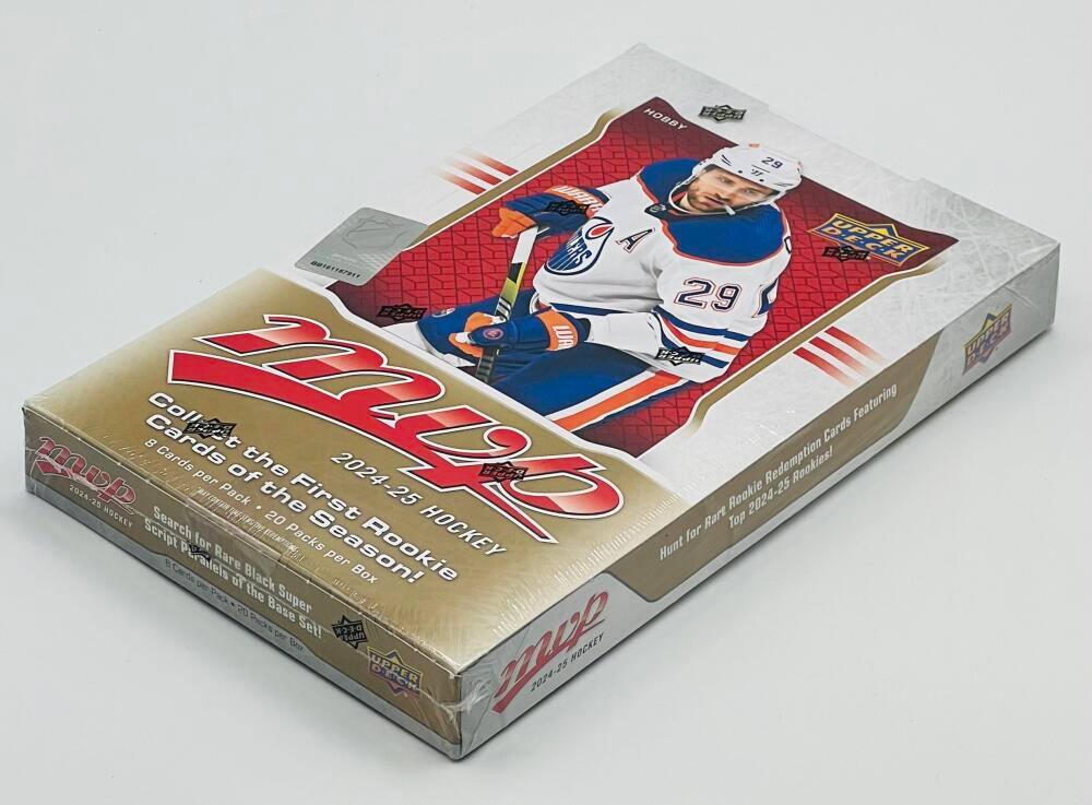 Hobby F. 29 a A EH 801511879T1 29 WA B  
Collect the Cards of the First Season!  
Featuring Cards of the 2024-25 Hockey Season  
8 Cards per Pack, 20 Packs per Box  
Search for Rare Black Super Base Set!  
Top 2024-25 Rookie Cards  
Hunt for Rare Top 2024-25 Rookie Cards  
2024-25 Hockey Script  
Upper Deck