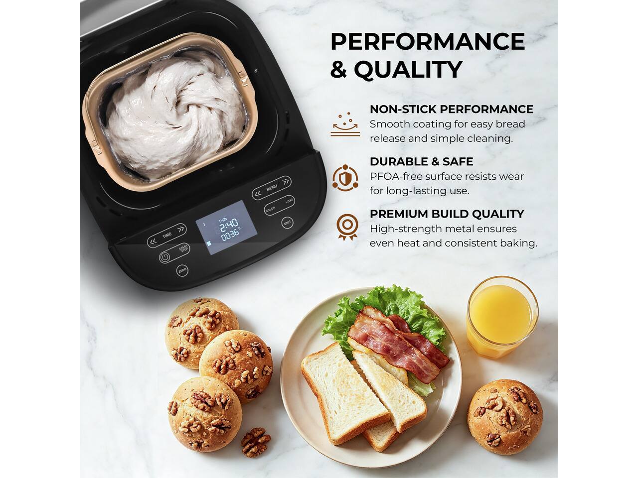 PERFORMANCE & QUALITY

NON-STICK PERFORMANCE
Smooth coating for easy bread release and simple cleaning.

DURABLE & SAFE
PFOA-free surface resists wear for long-lasting use.

PREMIUM BUILD QUALITY
High-strength metal ensures even heat and consistent baking.