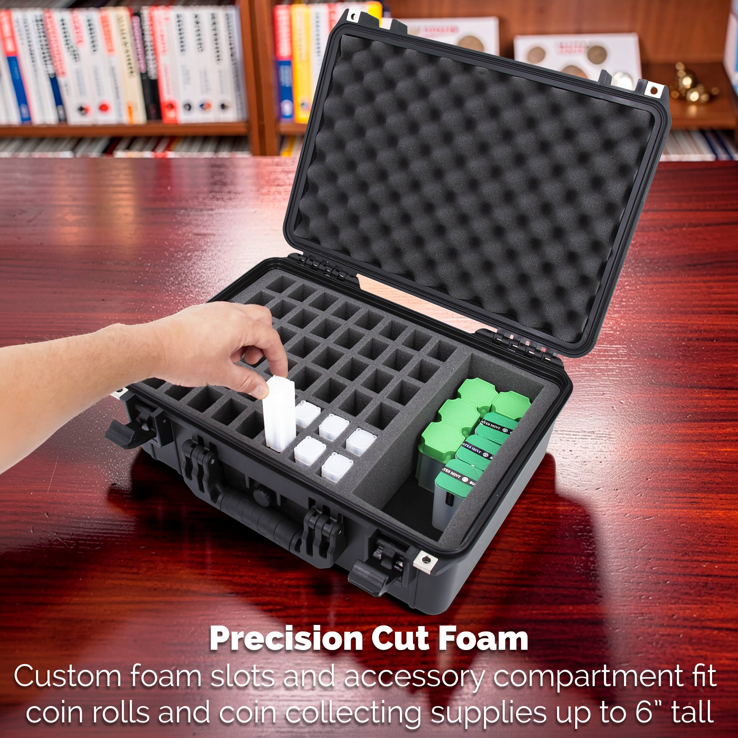 Precision Cut Foam  
Custom foam slots and accessory compartment fit coin rolls and coin collecting supplies up to 6" tall