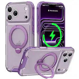 Dteck - For iPhone 18 Pro Shockproof Rugged Matte 360° Ring Kickstand Translucent Case Compatible With Magsafe Accessories - Purple