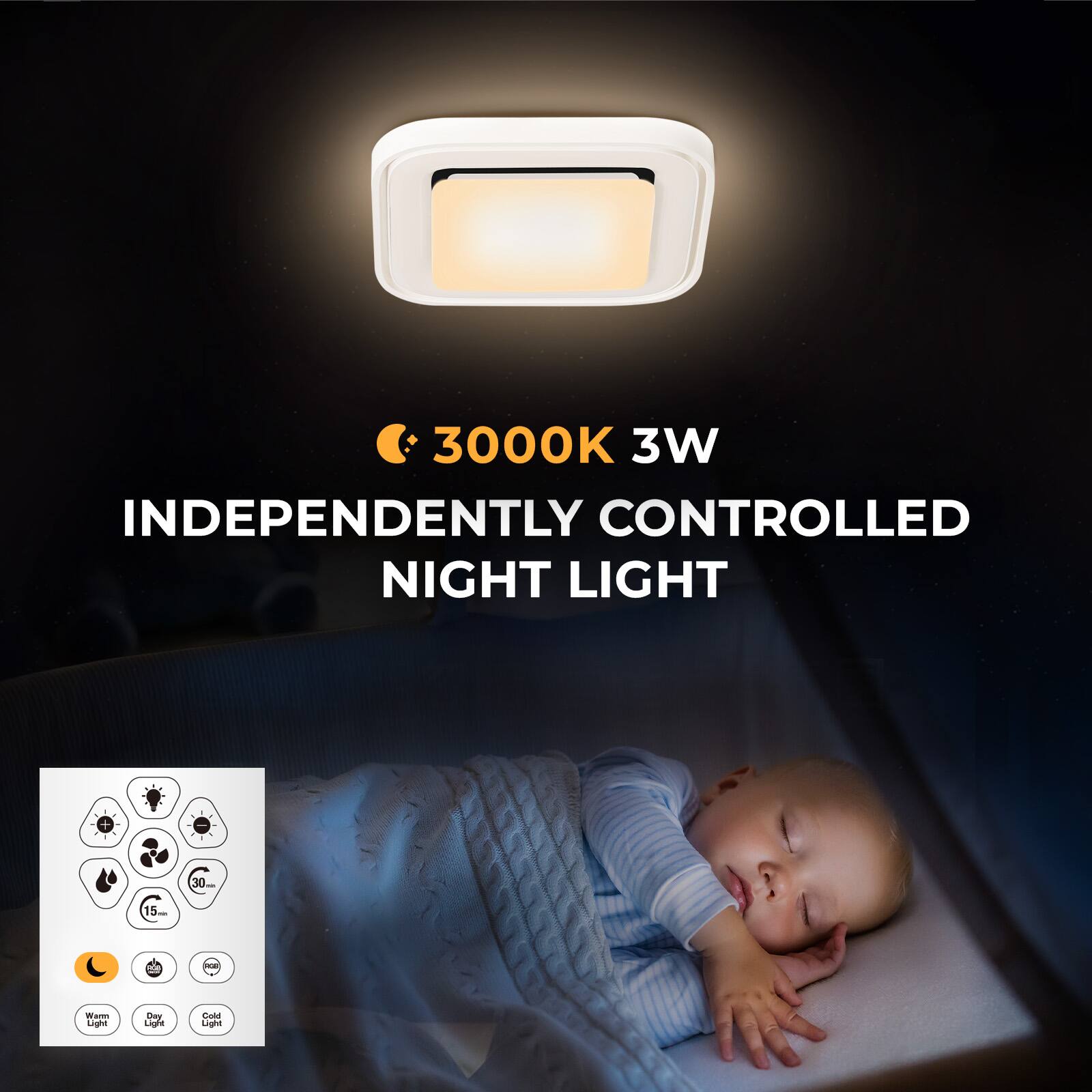 3000K 3W  
INDEPENDENTLY CONTROLLED NIGHT LIGHT  

Warm Light  
Day Light  
Cold Light