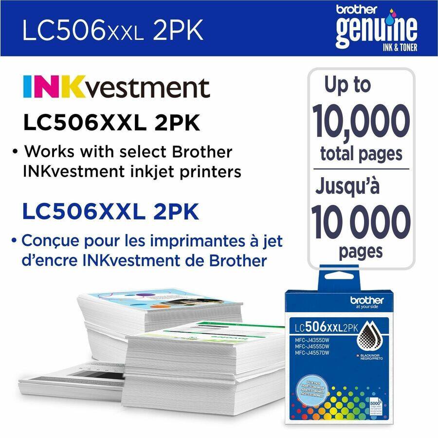 brother LC506XXL 2PK genuine INK & TONER INKvestment Up to LC506XXL 2PK 10,000 Works with select Brother total pages INKvestment inkjet printers Jusqu' LC506XXL 2PK 10 000 Conçu pour les imprimantes jet d'encre INKvestment de Brother pages brother an yourside your side LC506XXL2PK LC MFC-J4355DW MFC-J455DW MFC-J4557DW EUPTT OOCEDO Cdns 5000