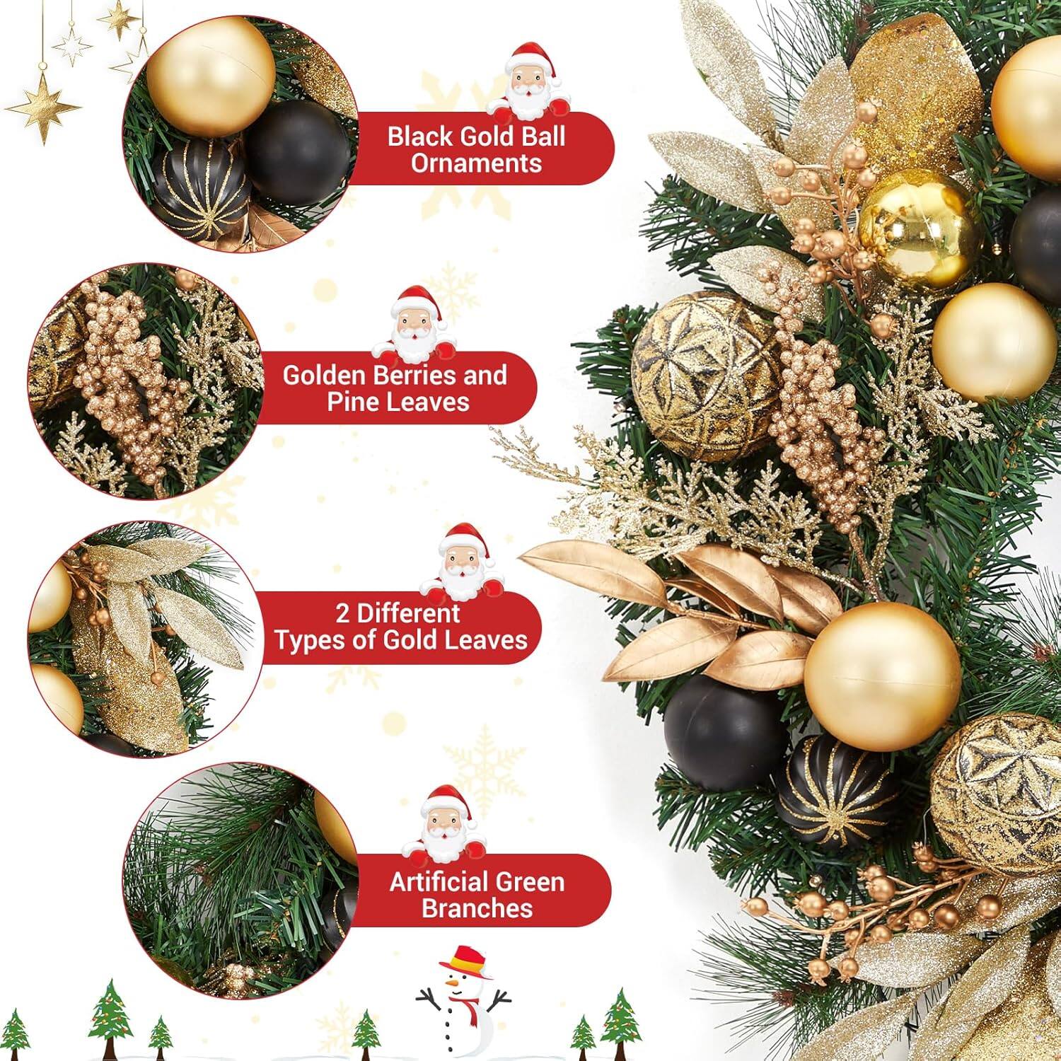 - Black Gold Ball Ornaments
- Golden Berries and Pine Leaves
- 2 Different Types of Gold Leaves
- Artificial Green Branches