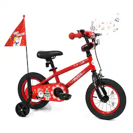 Costway - 12" Kids Bicycle with Training Wheels, Handbrake & Coaster Brake, Flag & Music - Red