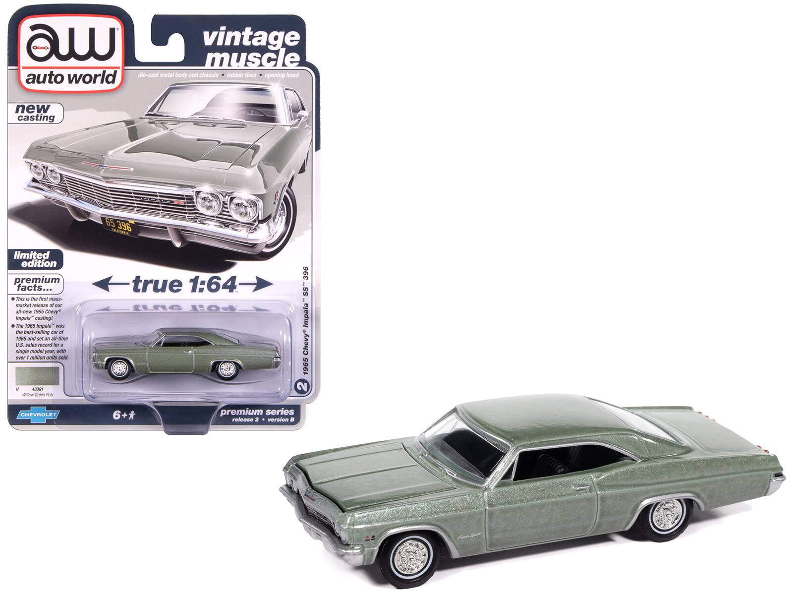 vintage muscle auto world die-cast metal body and chassis rubber tires opening hood new casting 65 396 SAE limited edition premium facts... This is the first mass-market release of our all-new 1965 Chevy Impala casting! The 1965 Impala was the best-selling car of the U.S. market in 1965 and set an all-time sales record for a single model with over 1 million units sold. true 1:64 SUT P0 396 SS Impala Chevy* 1965 2 CREVROLET 6+* premium series release 2 version B