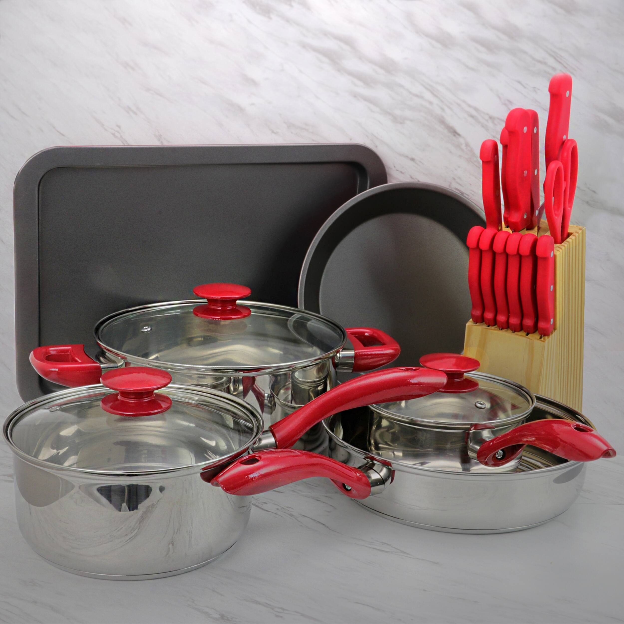 Alt View 4. MegaChef - MegaChef 22 Piece Aluminum Cookware Combo Set in Red - Red.
